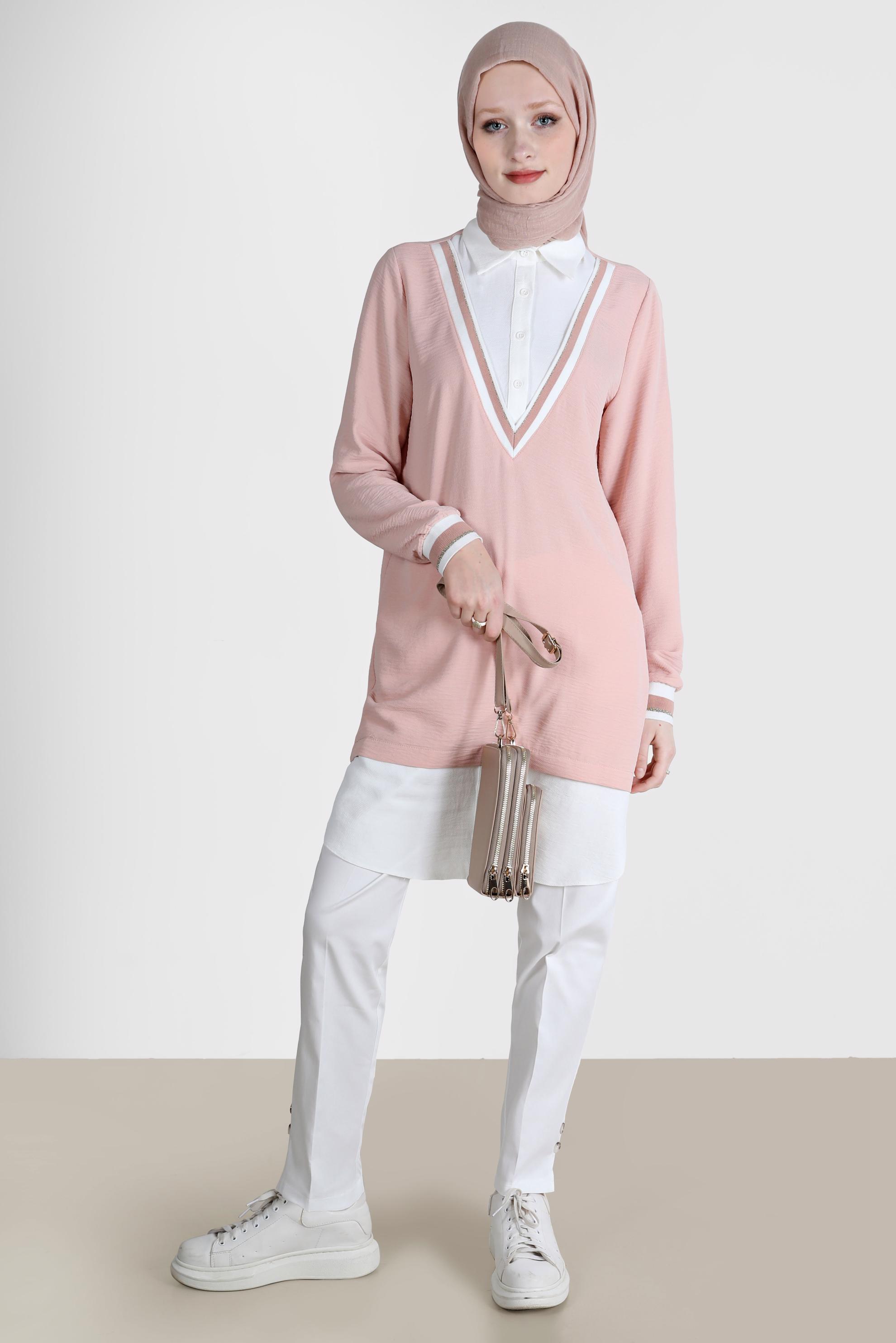 Tesettür giyim PUDRA V YAKA GÖRÜNÜMLÜ TUNİK 42559 