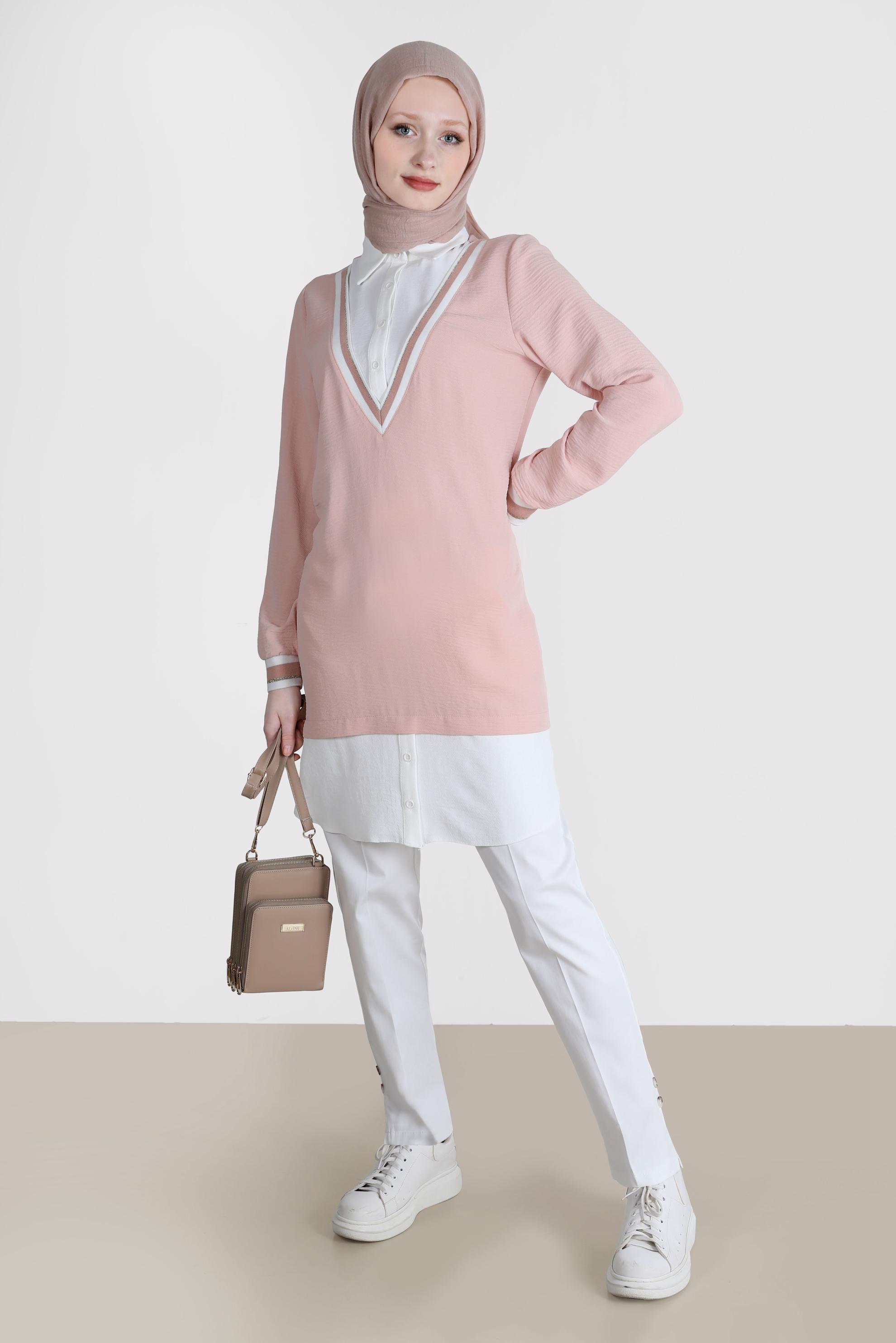 Tesettür giyim PUDRA V YAKA GÖRÜNÜMLÜ TUNİK 42559 