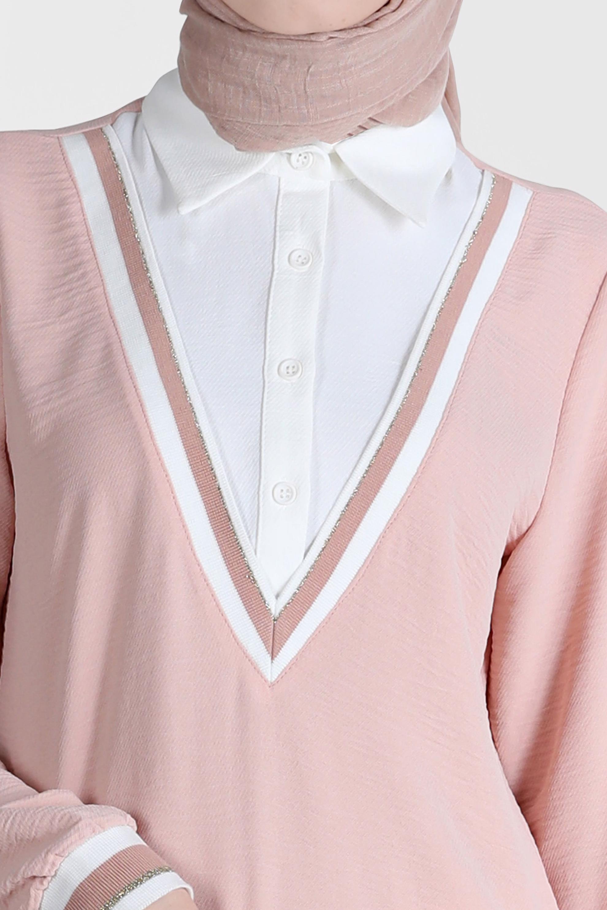 Tesettür giyim PUDRA V YAKA GÖRÜNÜMLÜ TUNİK 42559 