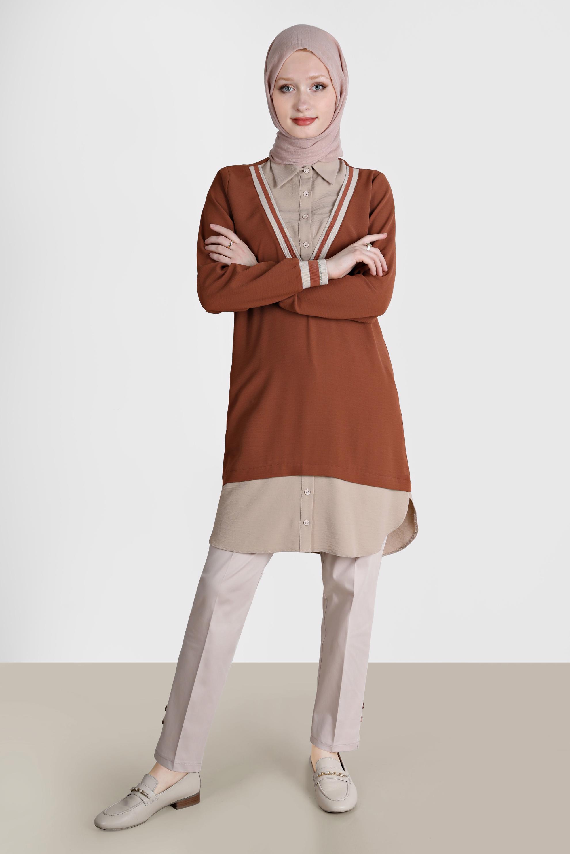 Tesettür giyim KAHVE V YAKA GÖRÜNÜMLÜ TUNİK 42559 