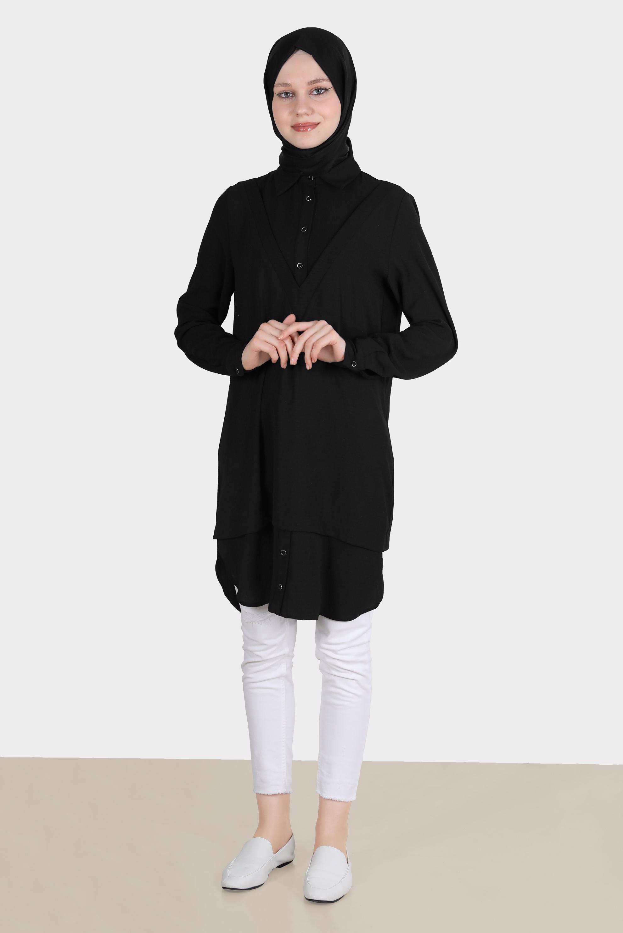 Tesettür giyim SİYAH V YAKA DETAYLI GÖMLEK TUNİK 42560 