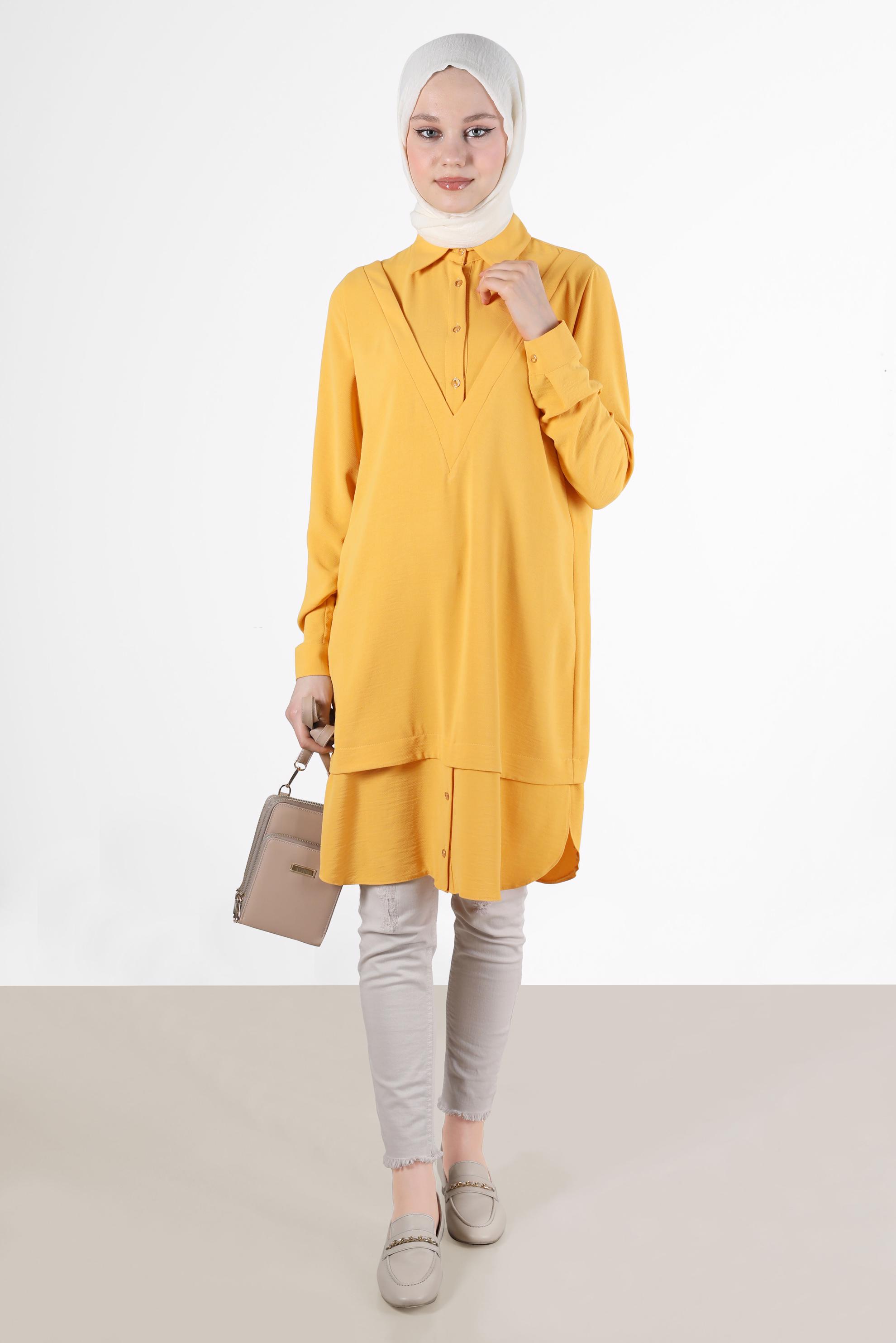 Tesettür giyim SARI V YAKA DETAYLI GÖMLEK TUNİK 42560 