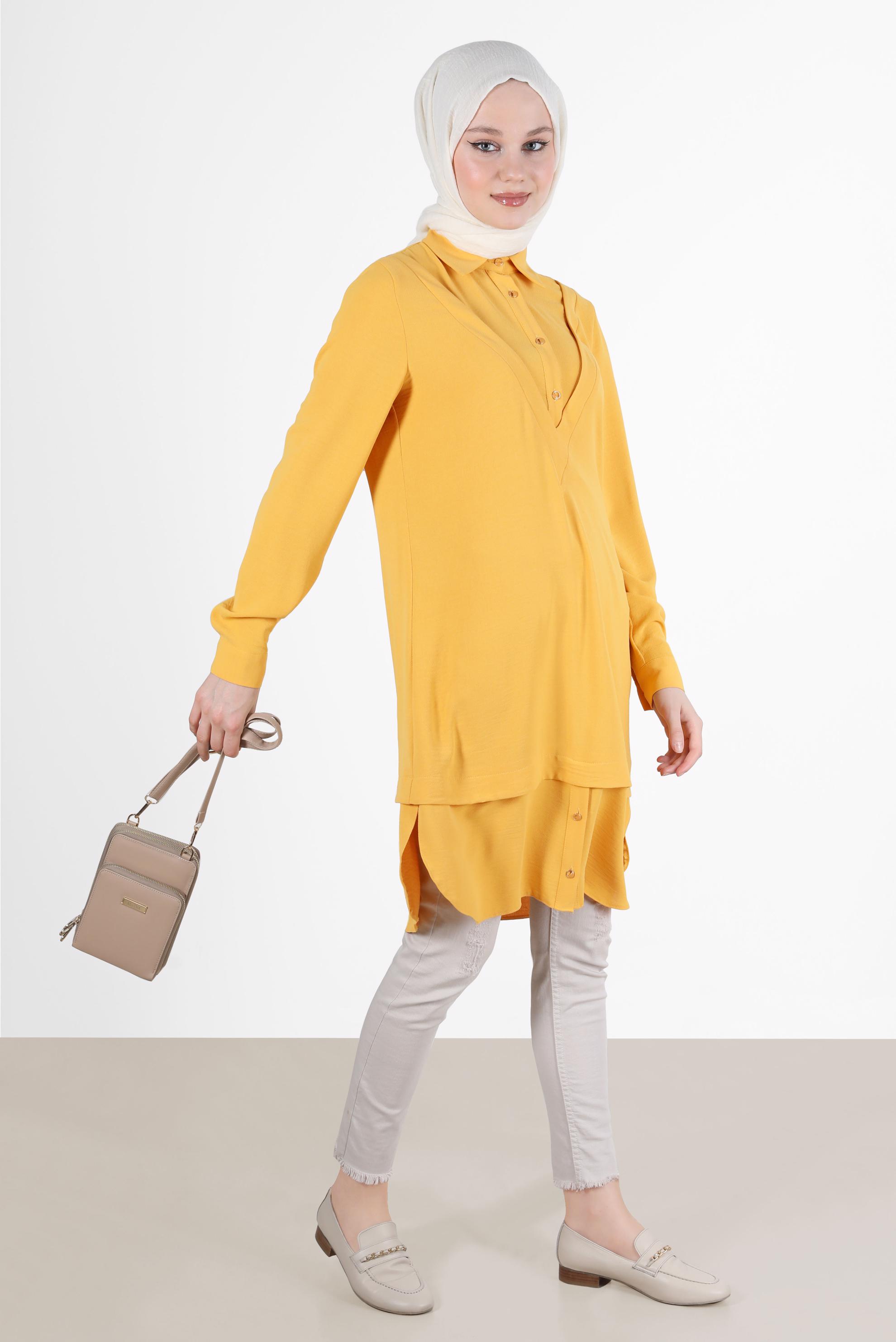 Tesettür giyim SARI V YAKA DETAYLI GÖMLEK TUNİK 42560 