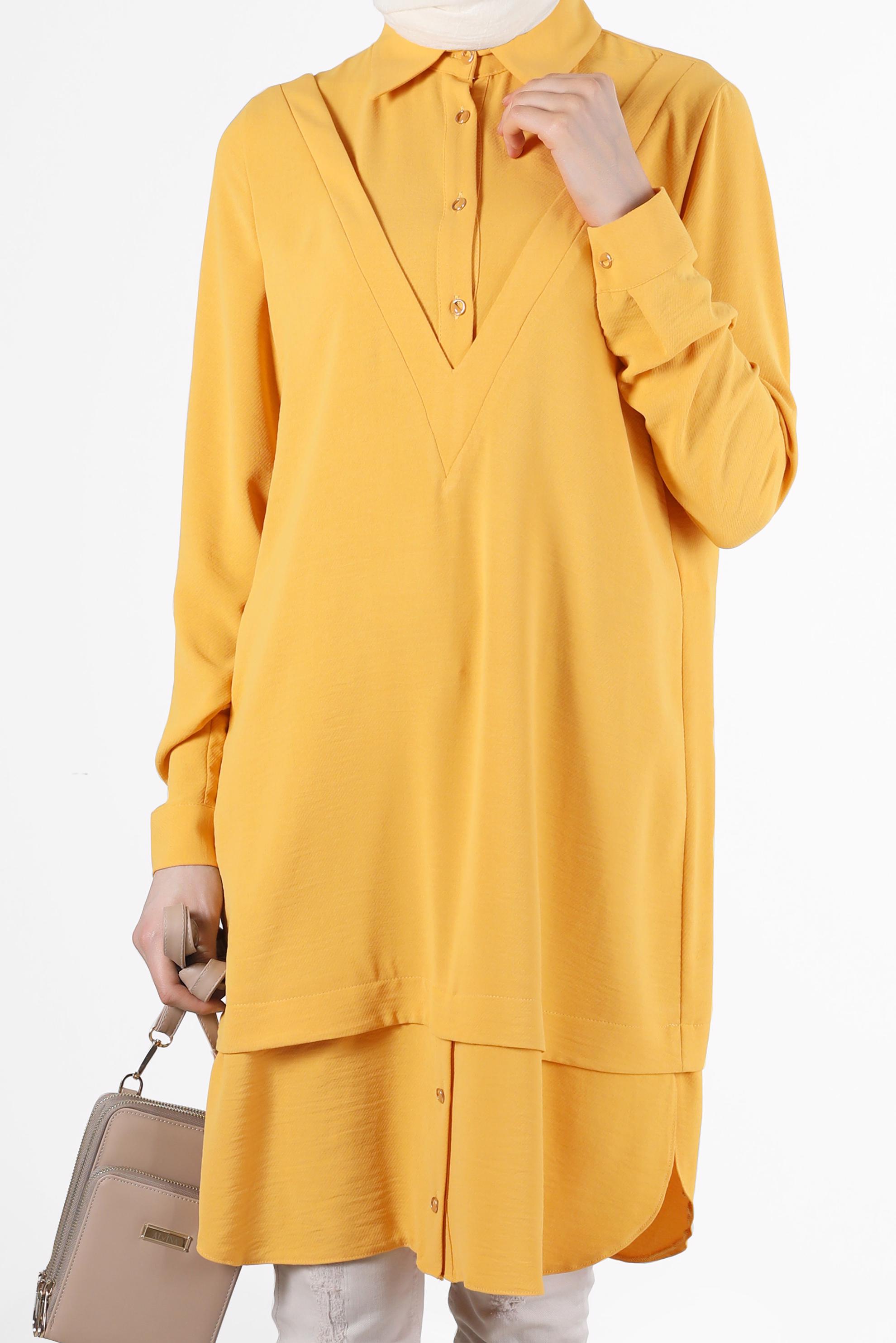 Tesettür giyim SARI V YAKA DETAYLI GÖMLEK TUNİK 42560 