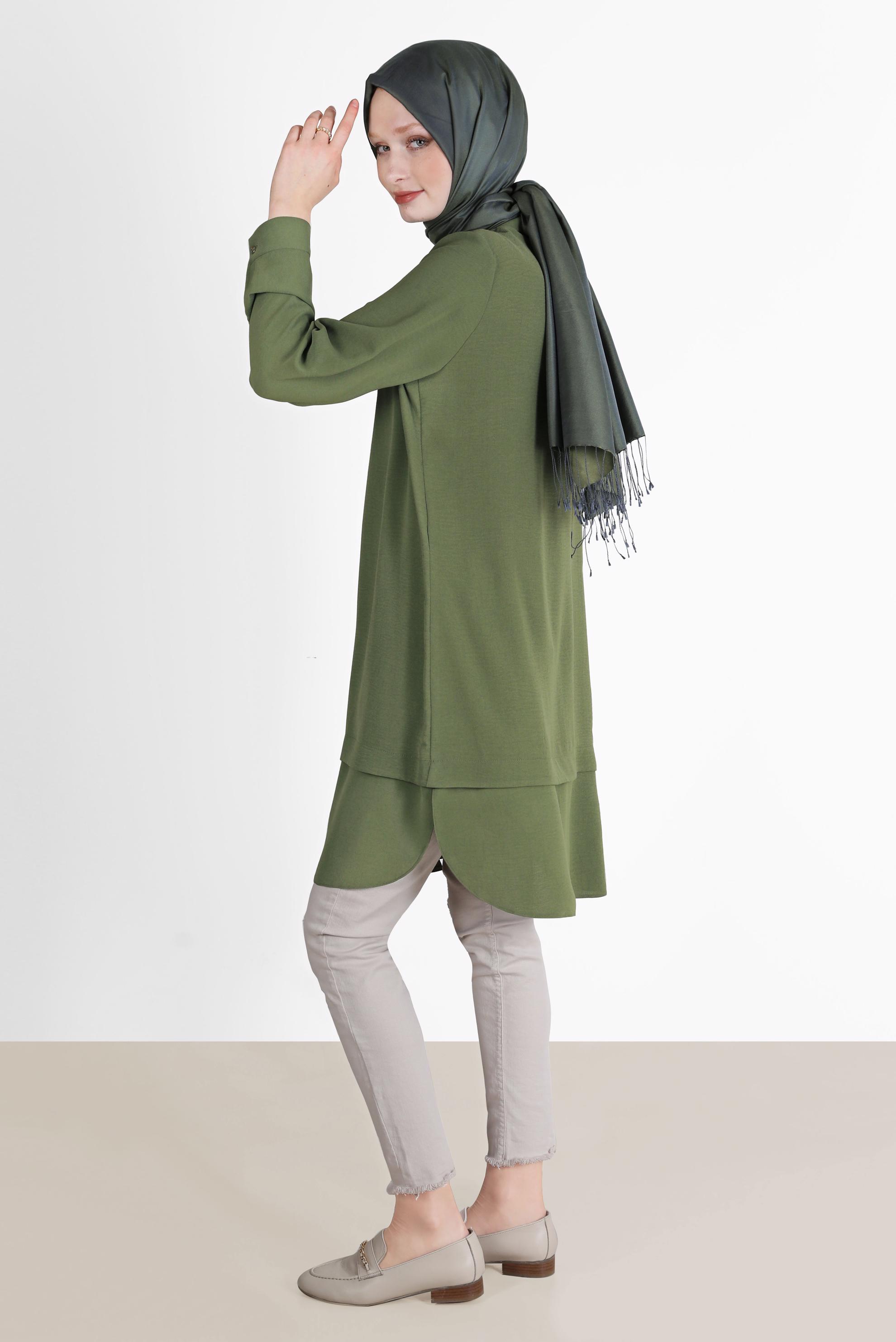 Tesettür giyim HAKİ V YAKA DETAYLI GÖMLEK TUNİK 42560 