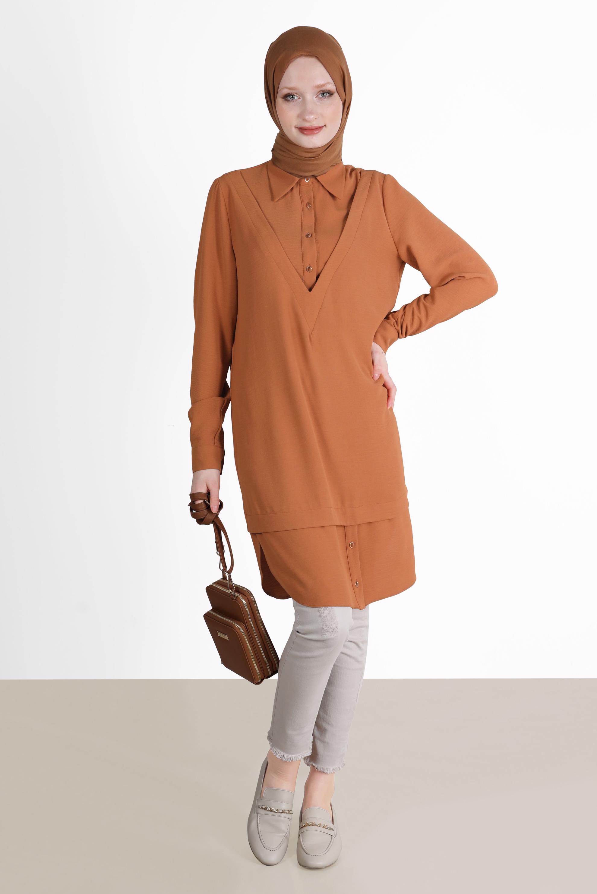 Tesettür giyim TABA V YAKA DETAYLI GÖMLEK TUNİK 42560 