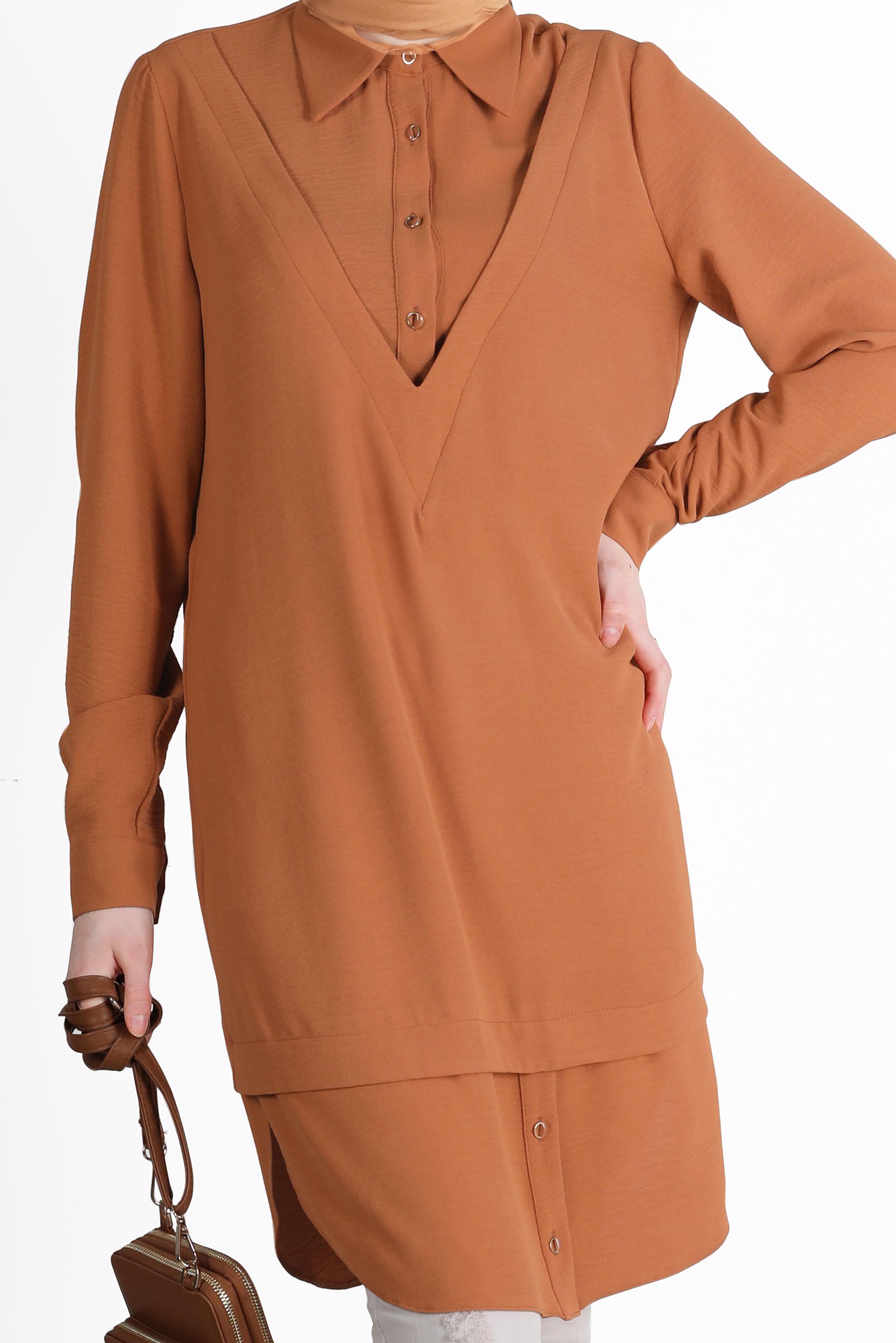 Tesettür giyim TABA V YAKA DETAYLI GÖMLEK TUNİK 42560 