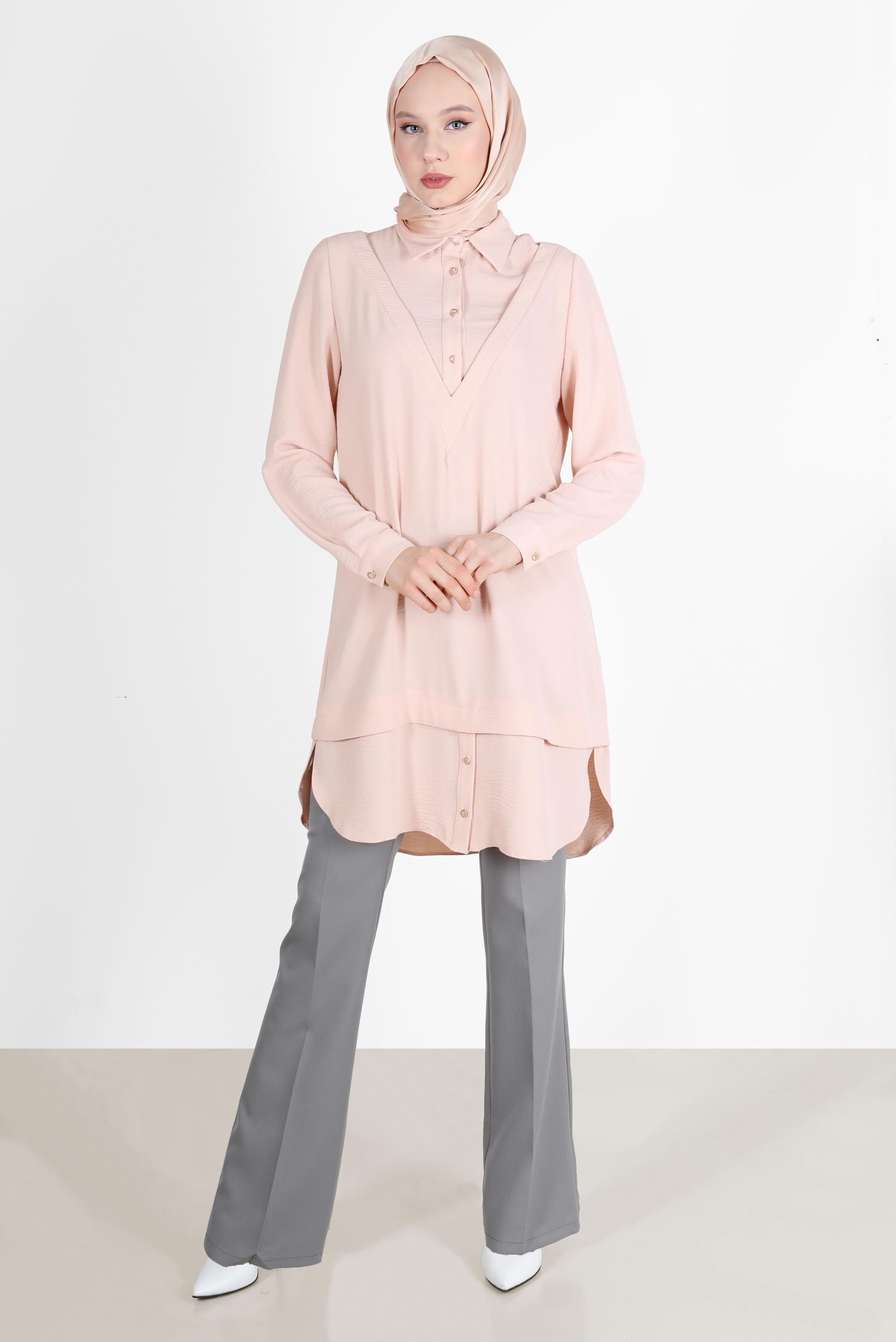 Tesettür giyim PUDRA V YAKA DETAYLI GÖMLEK TUNİK 42560 