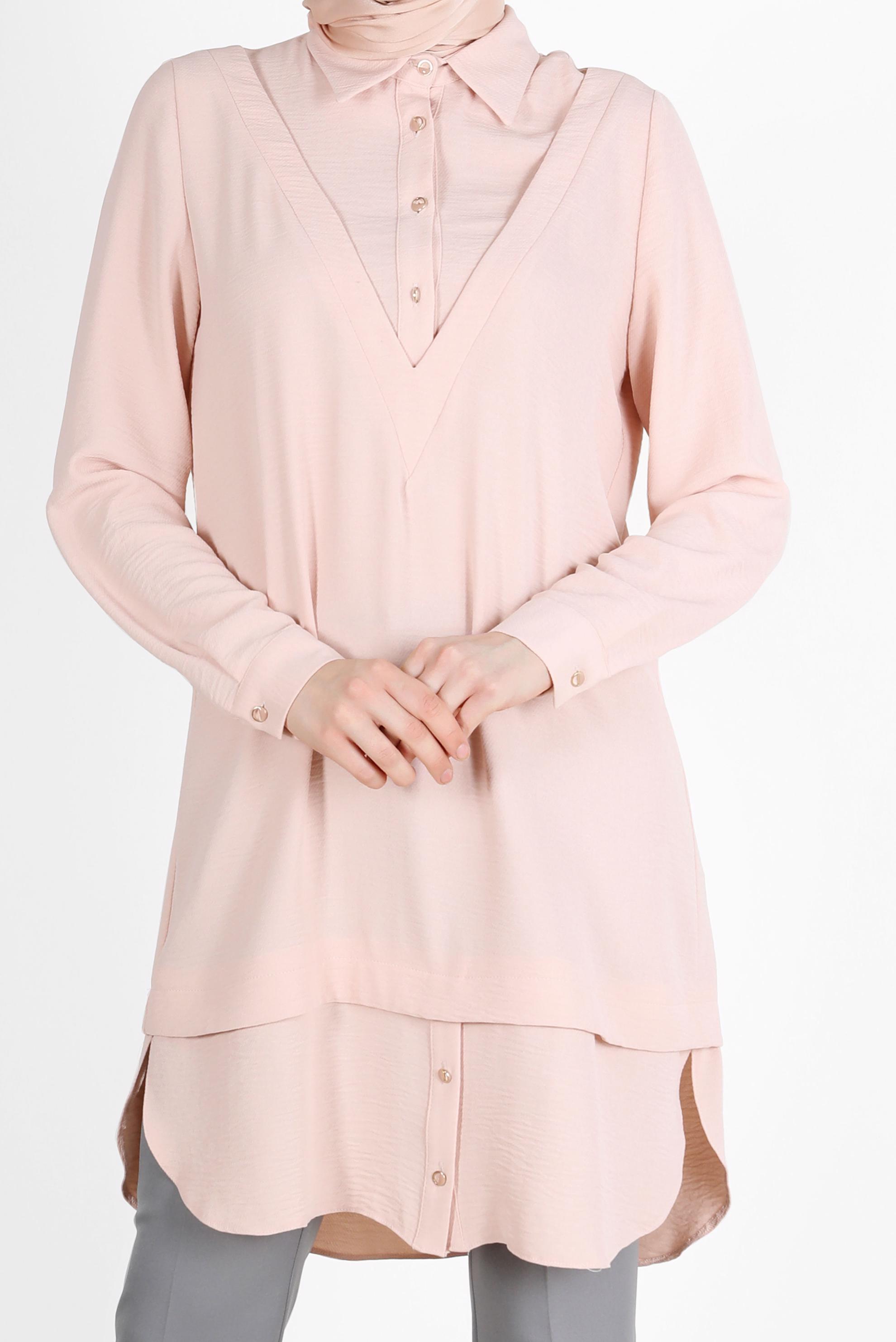 Tesettür giyim PUDRA V YAKA DETAYLI GÖMLEK TUNİK 42560 