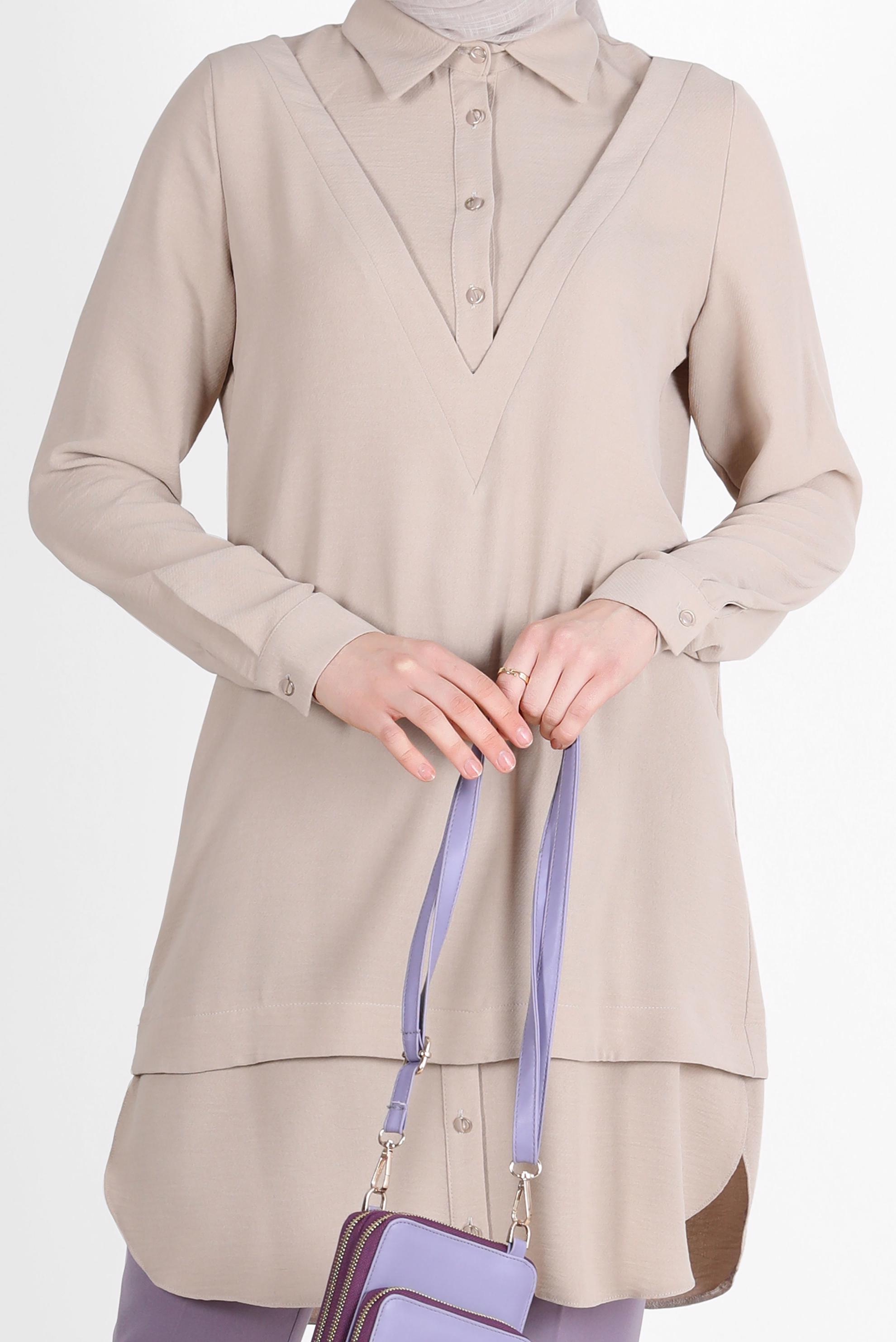 Tesettür giyim KUM V YAKA DETAYLI GÖMLEK TUNİK 42560 