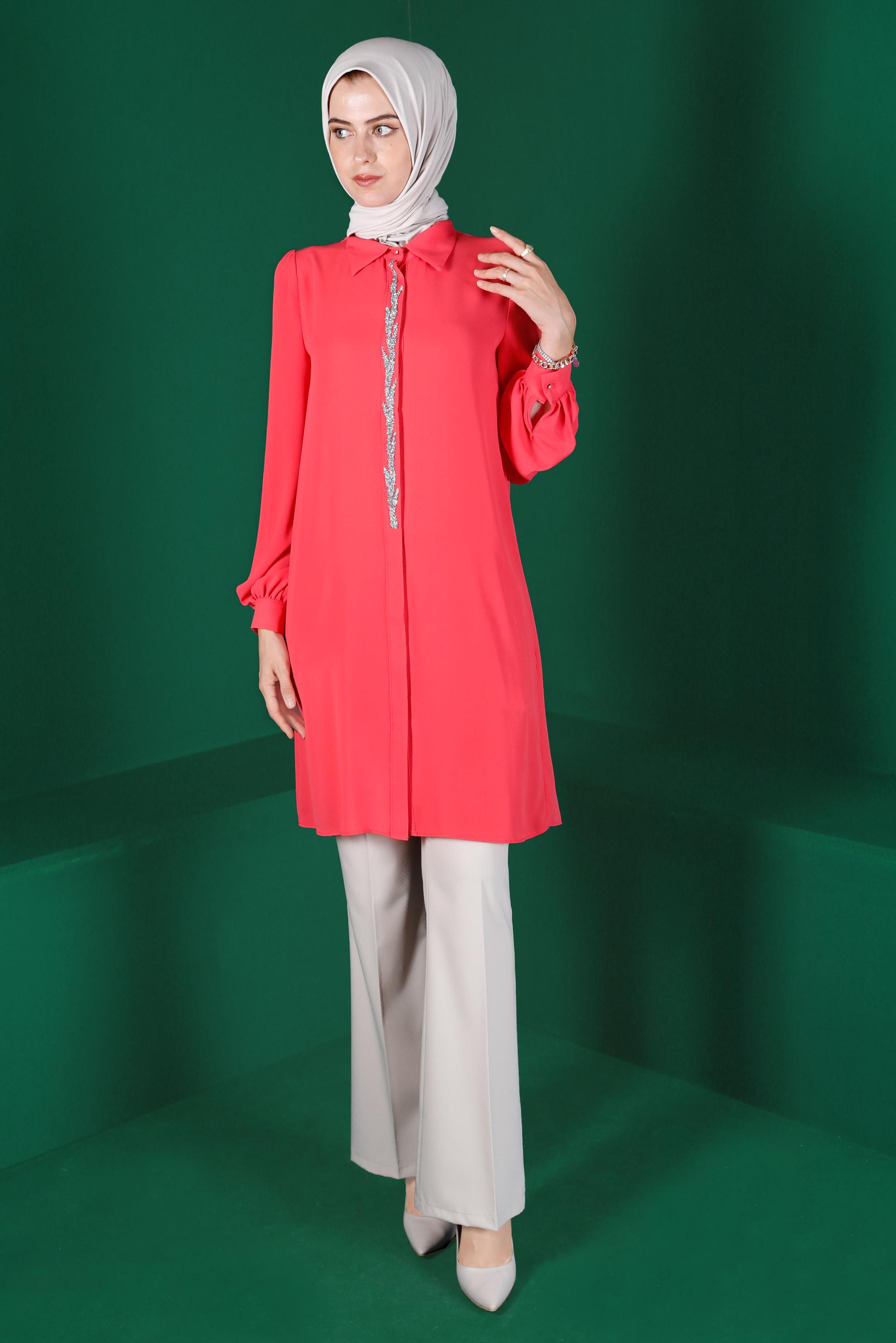 Tesettür giyim MERCAN TAŞLI GİZLİ DÜĞMELİ TUNİK 42562 