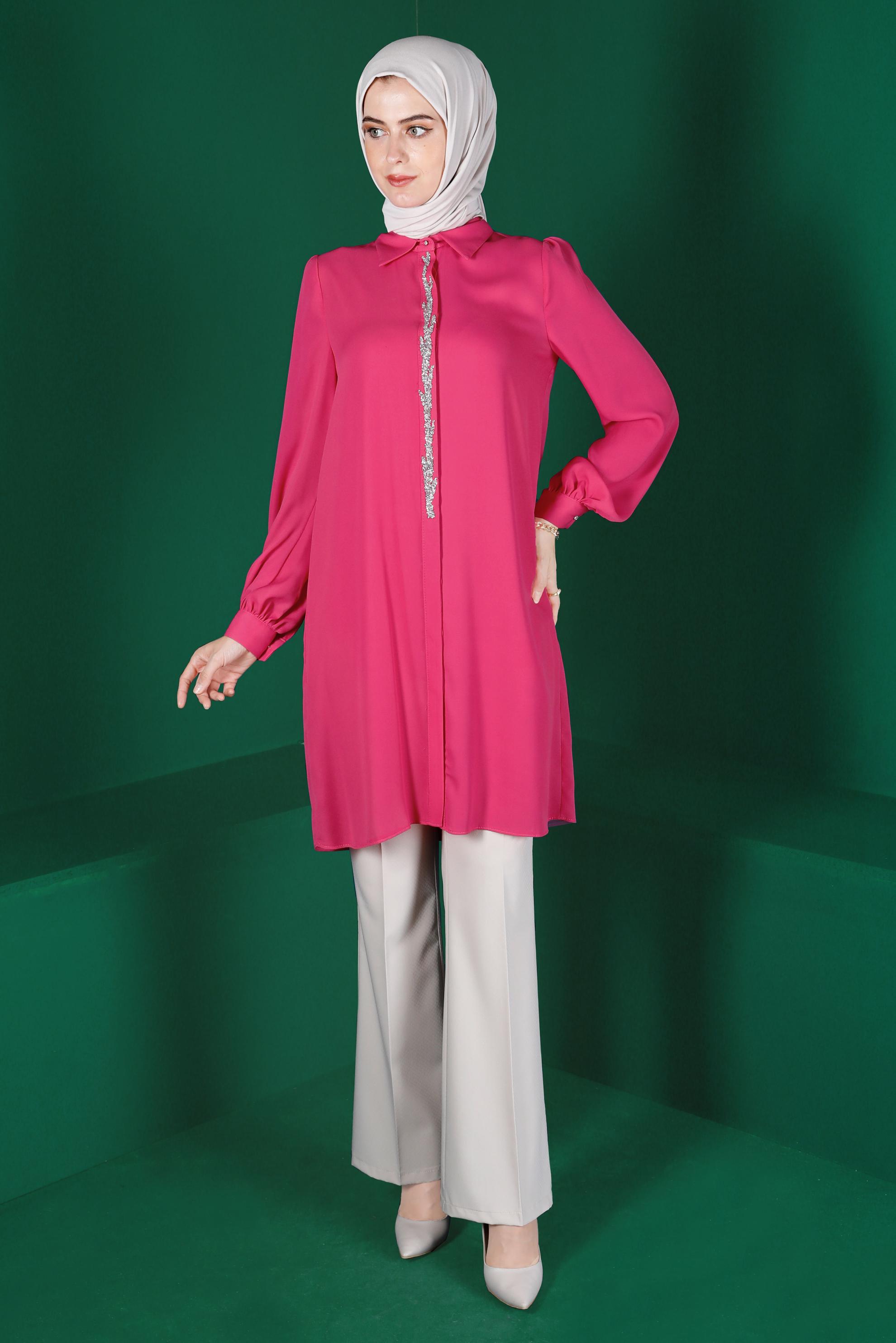 Tesettür giyim FUŞYA TAŞLI GİZLİ DÜĞMELİ TUNİK 42562 