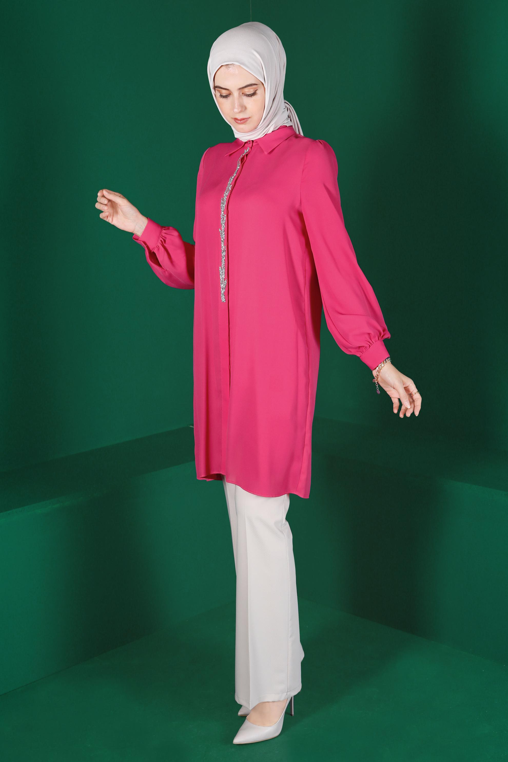 Tesettür giyim FUŞYA TAŞLI GİZLİ DÜĞMELİ TUNİK 42562 