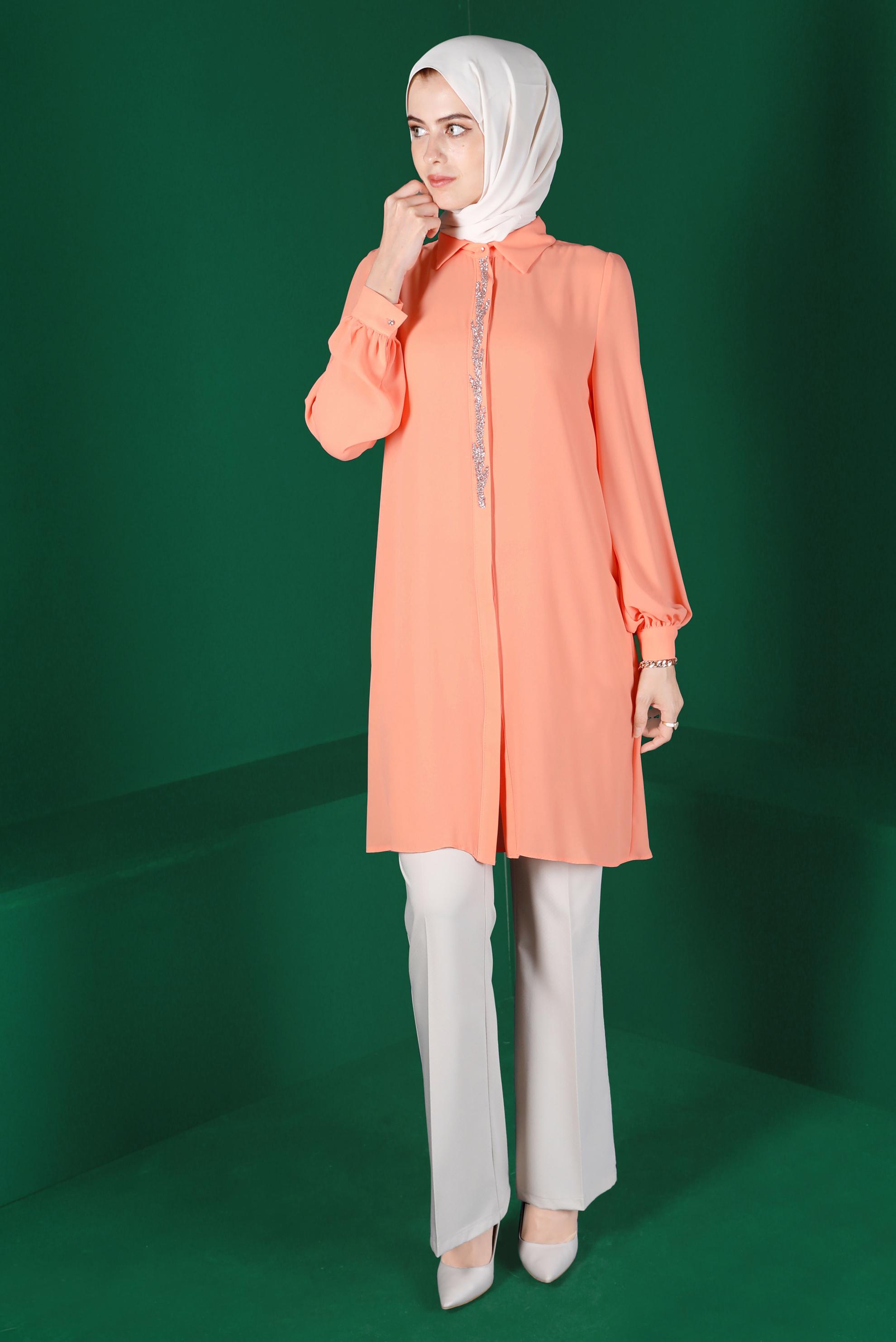 Tesettür giyim PUDRA TAŞLI GİZLİ DÜĞMELİ TUNİK 42562 