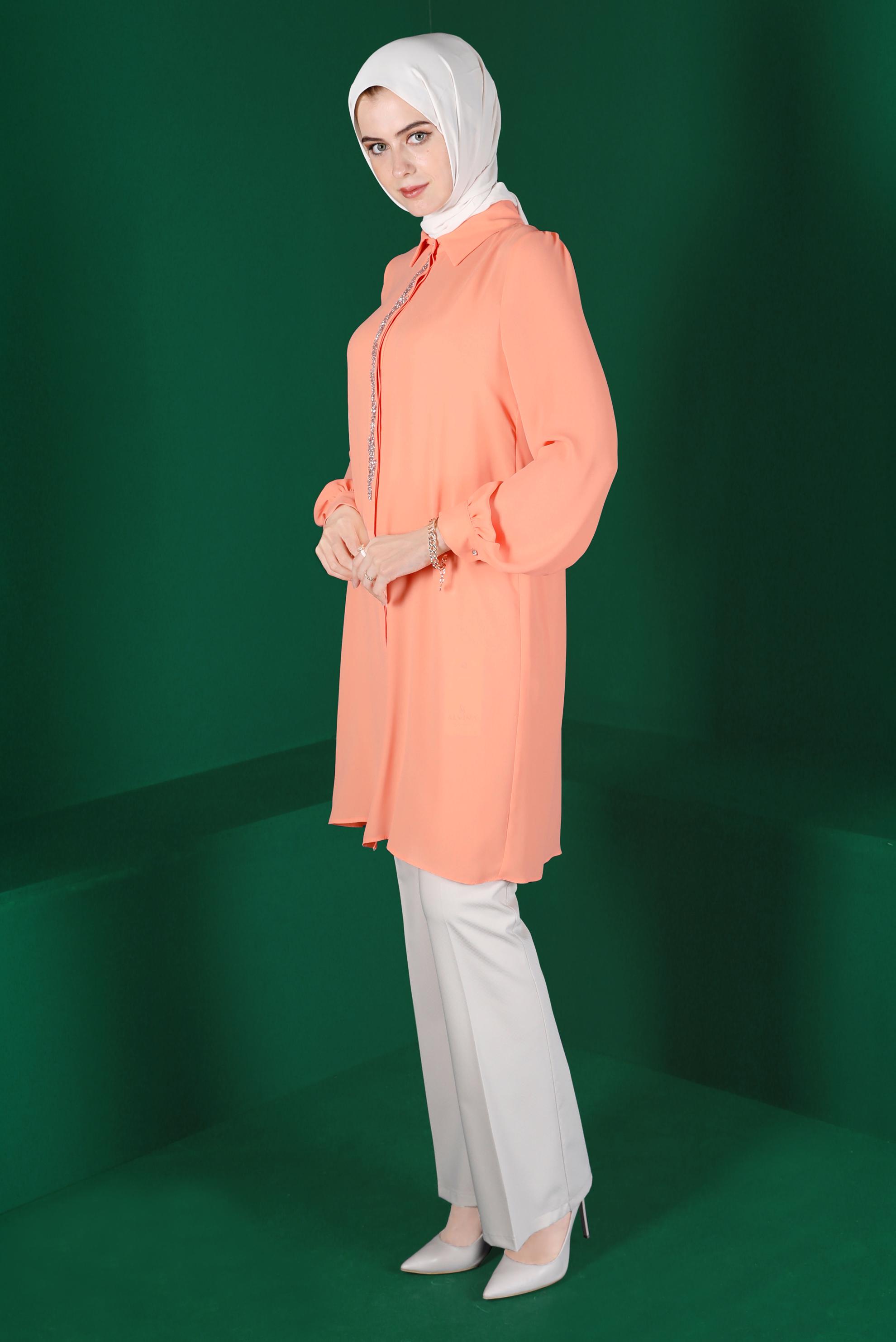 Tesettür giyim PUDRA TAŞLI GİZLİ DÜĞMELİ TUNİK 42562 