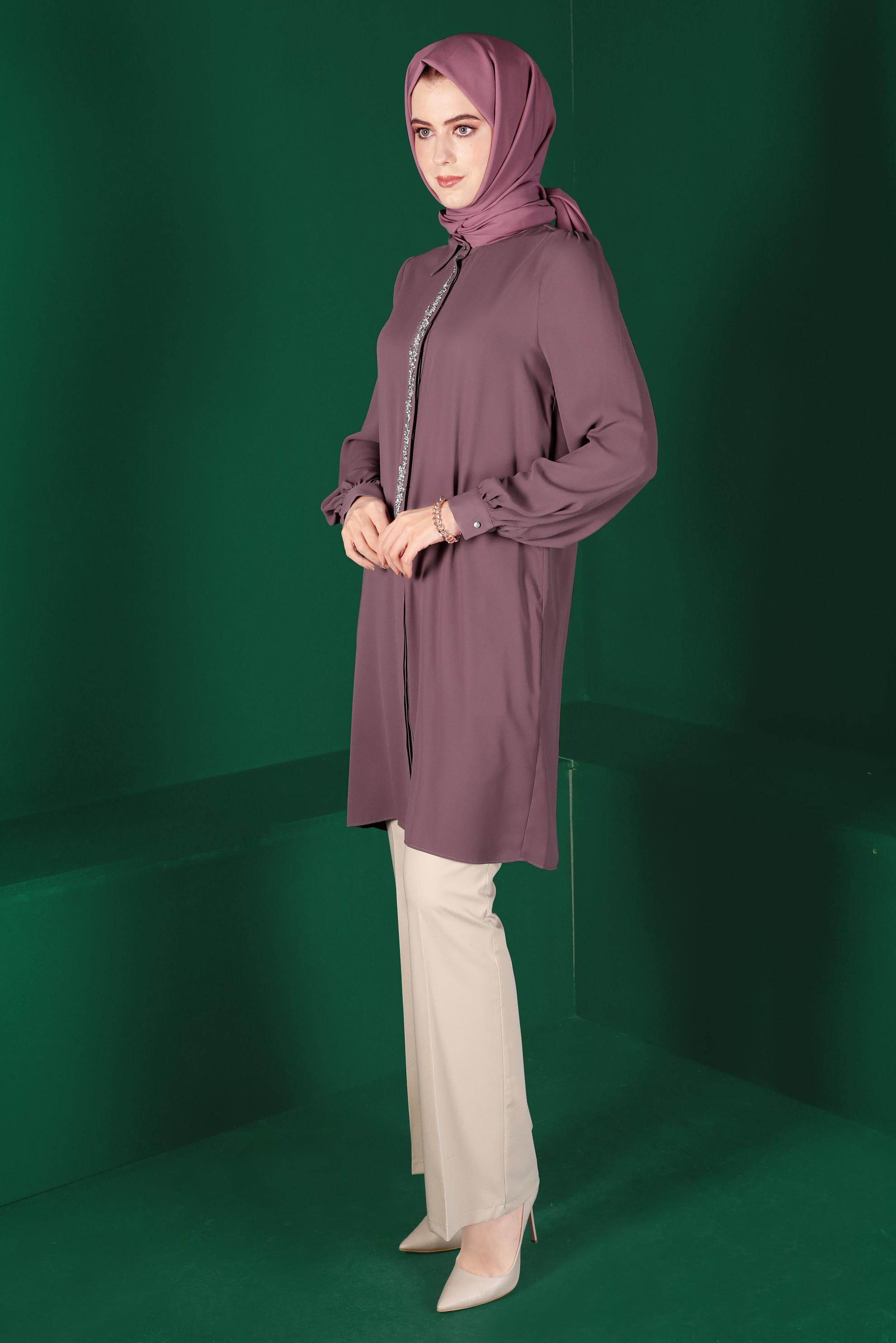 Tesettür giyim MOR TAŞLI GİZLİ DÜĞMELİ TUNİK 42562 