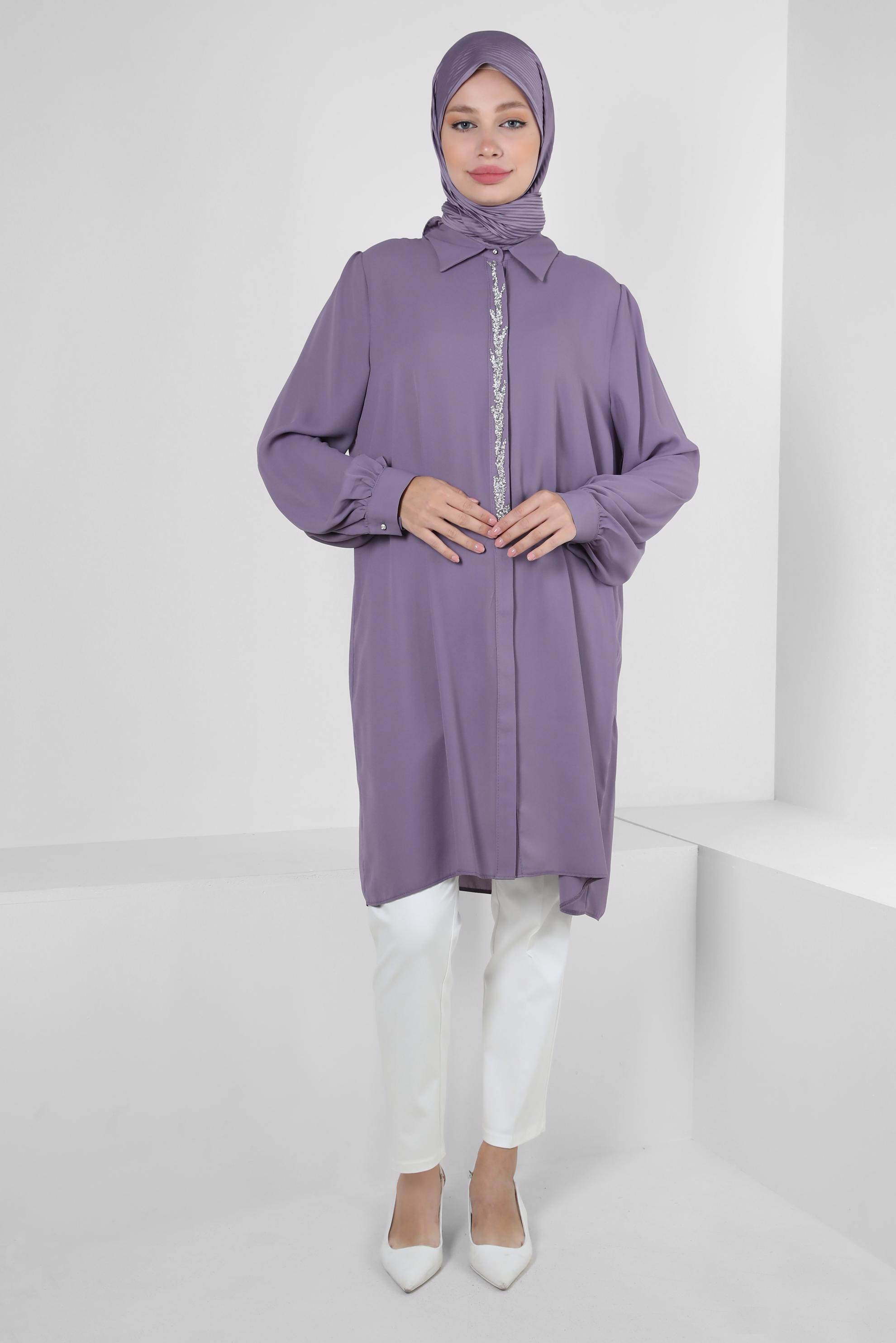 Tesettür giyim MÜRDÜM TAŞLI GİZLİ DÜĞMELİ TUNİK 42562 