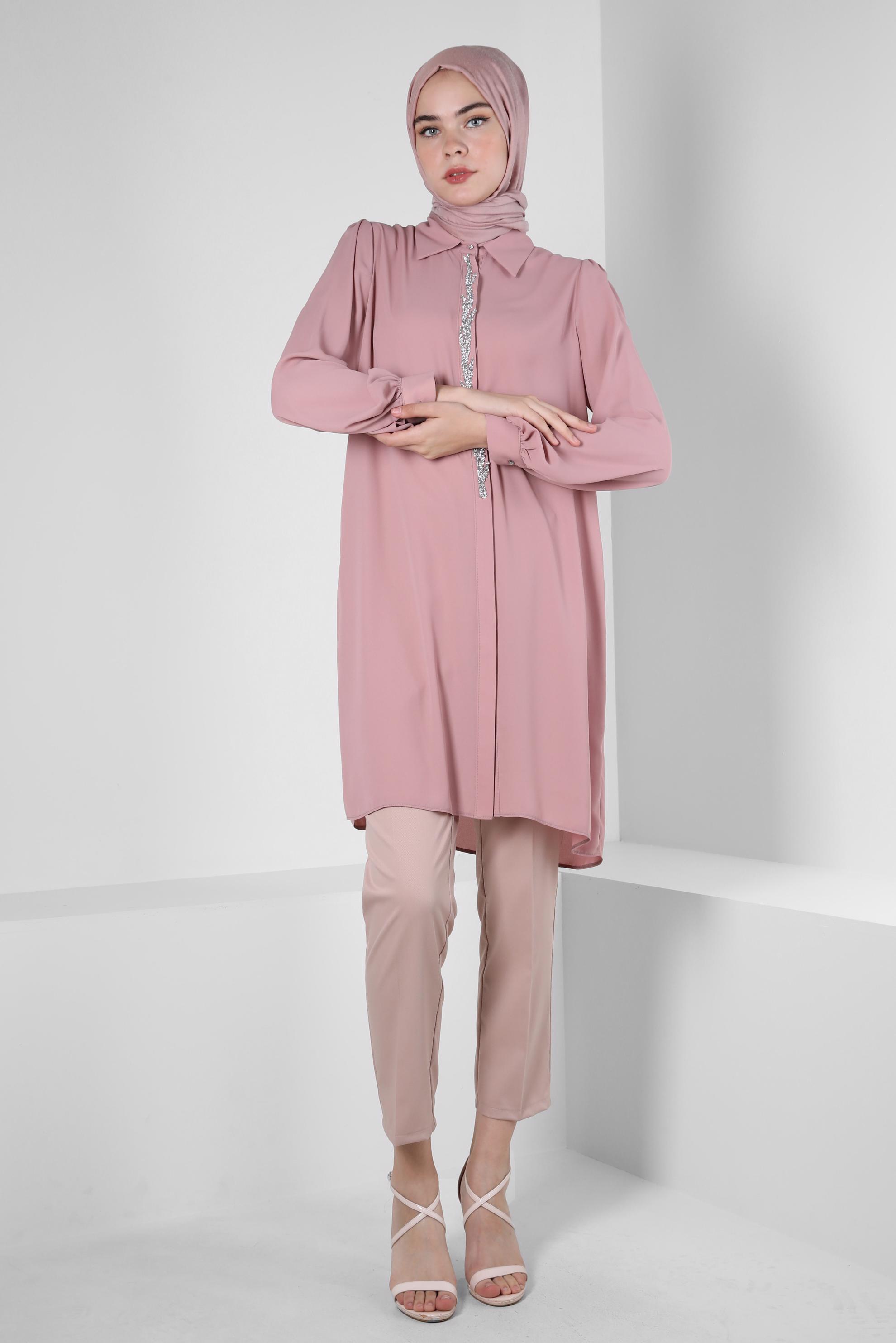 Tesettür giyim PEMBE TAŞLI GİZLİ DÜĞMELİ TUNİK 42562 