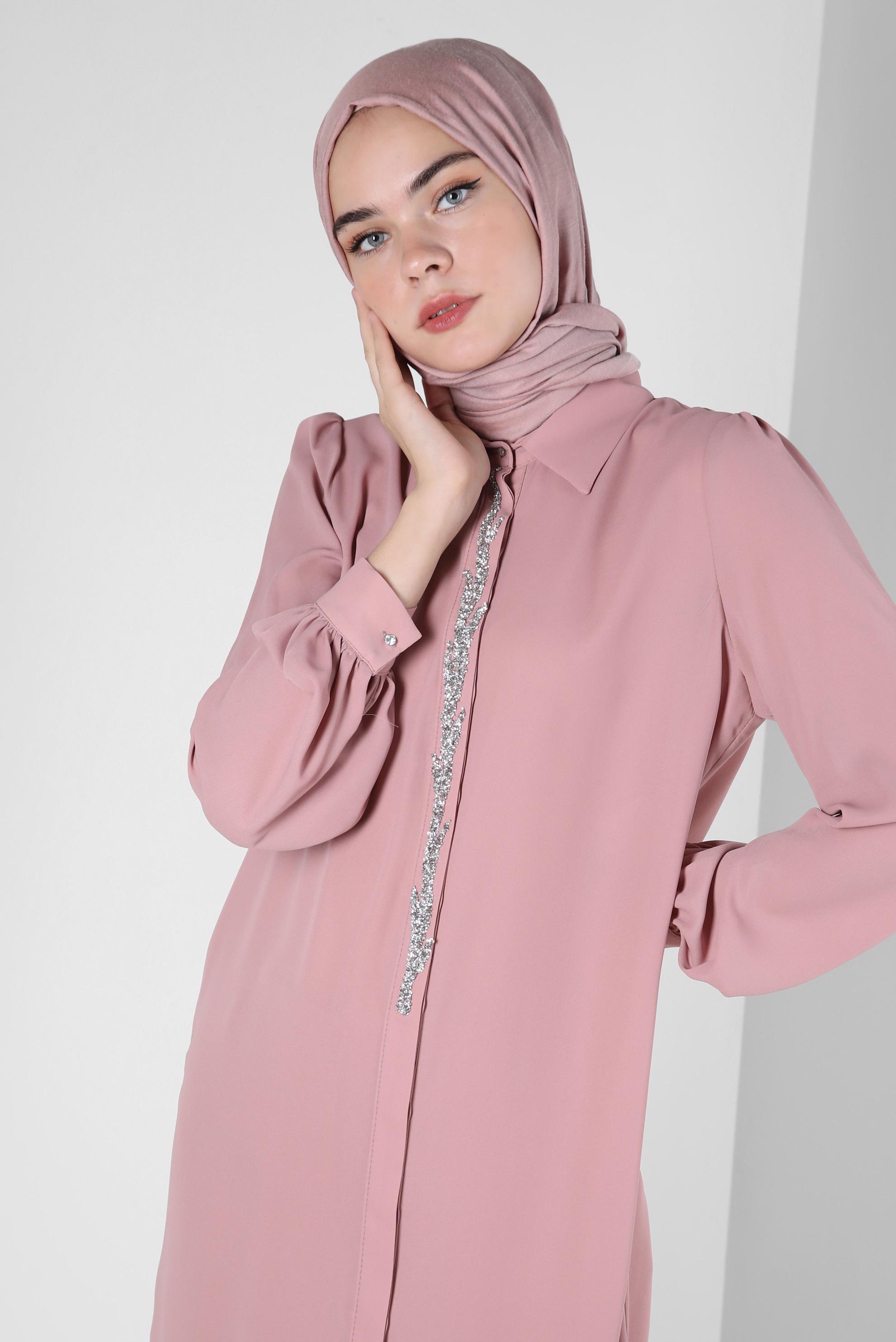 Tesettür giyim PEMBE TAŞLI GİZLİ DÜĞMELİ TUNİK 42562 