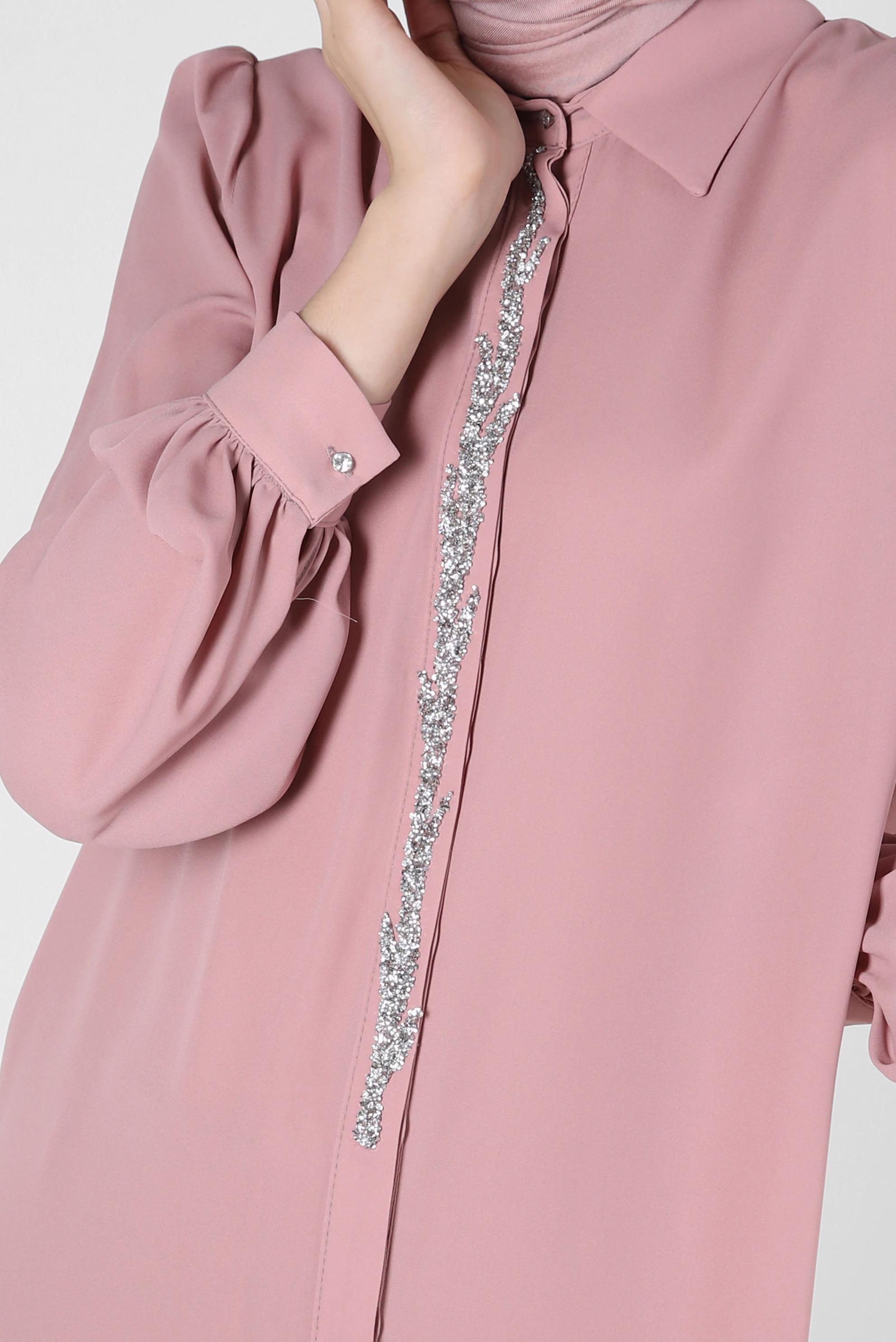 Tesettür giyim PEMBE TAŞLI GİZLİ DÜĞMELİ TUNİK 42562 