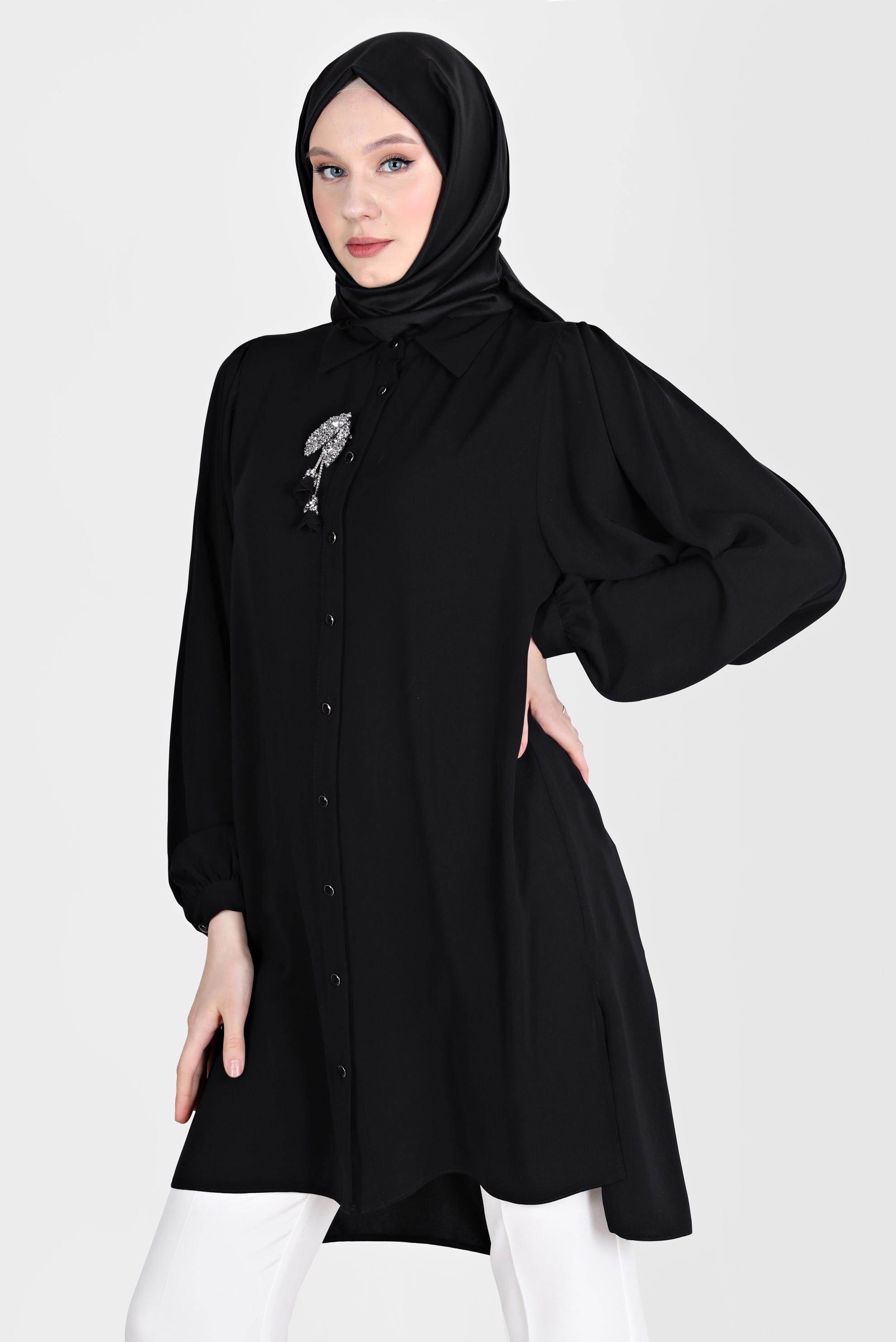 Tesettür giyim SİYAH BOYDAN DÜĞMELİ ERKEK YAKA TUNİK 42563 