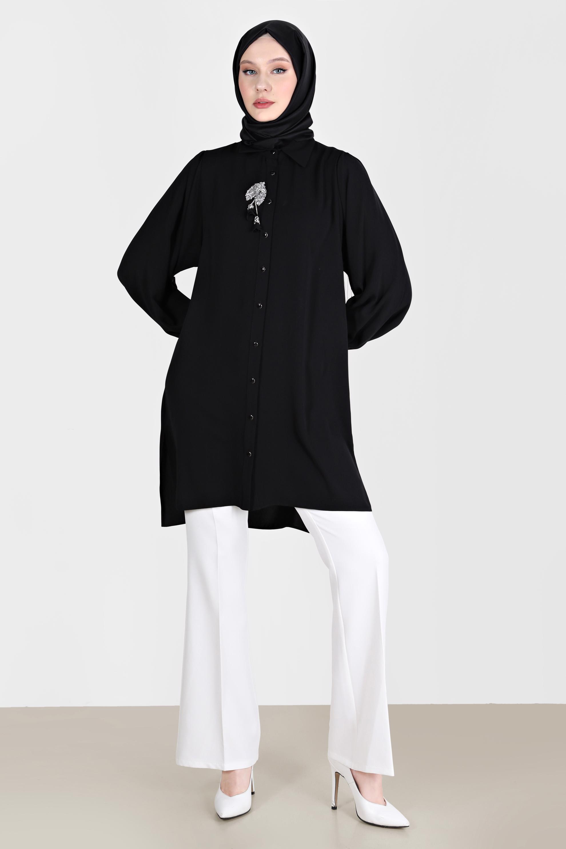 Tesettür giyim SİYAH BOYDAN DÜĞMELİ ERKEK YAKA TUNİK 42563 