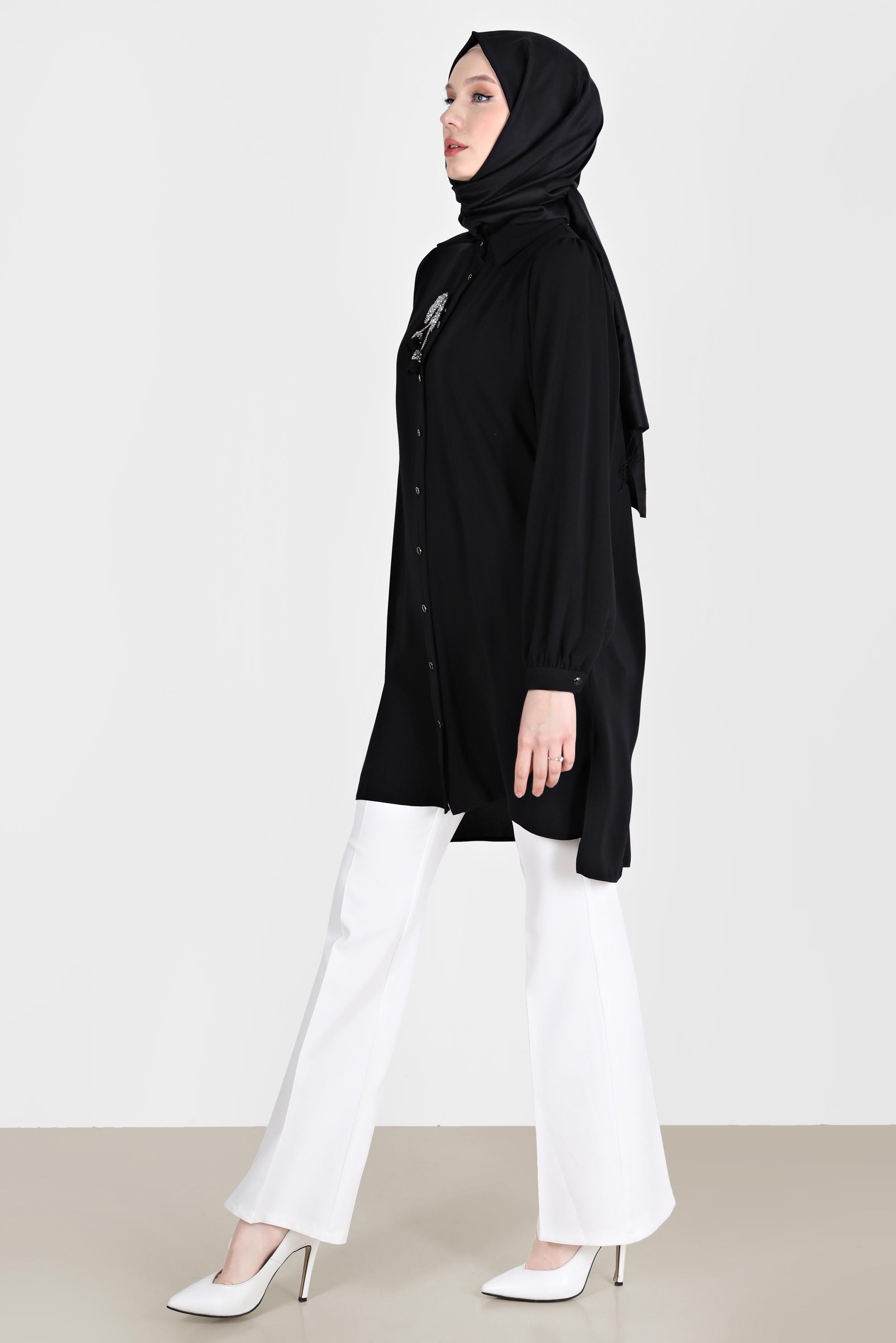 Tesettür giyim SİYAH BOYDAN DÜĞMELİ ERKEK YAKA TUNİK 42563 