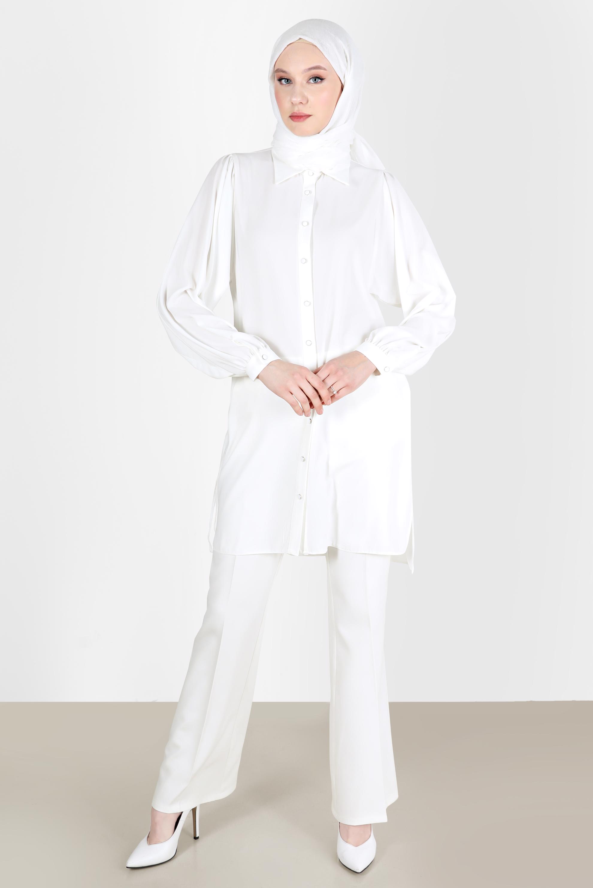 Tesettür giyim BEYAZ BOYDAN DÜĞMELİ ERKEK YAKA TUNİK 42563 