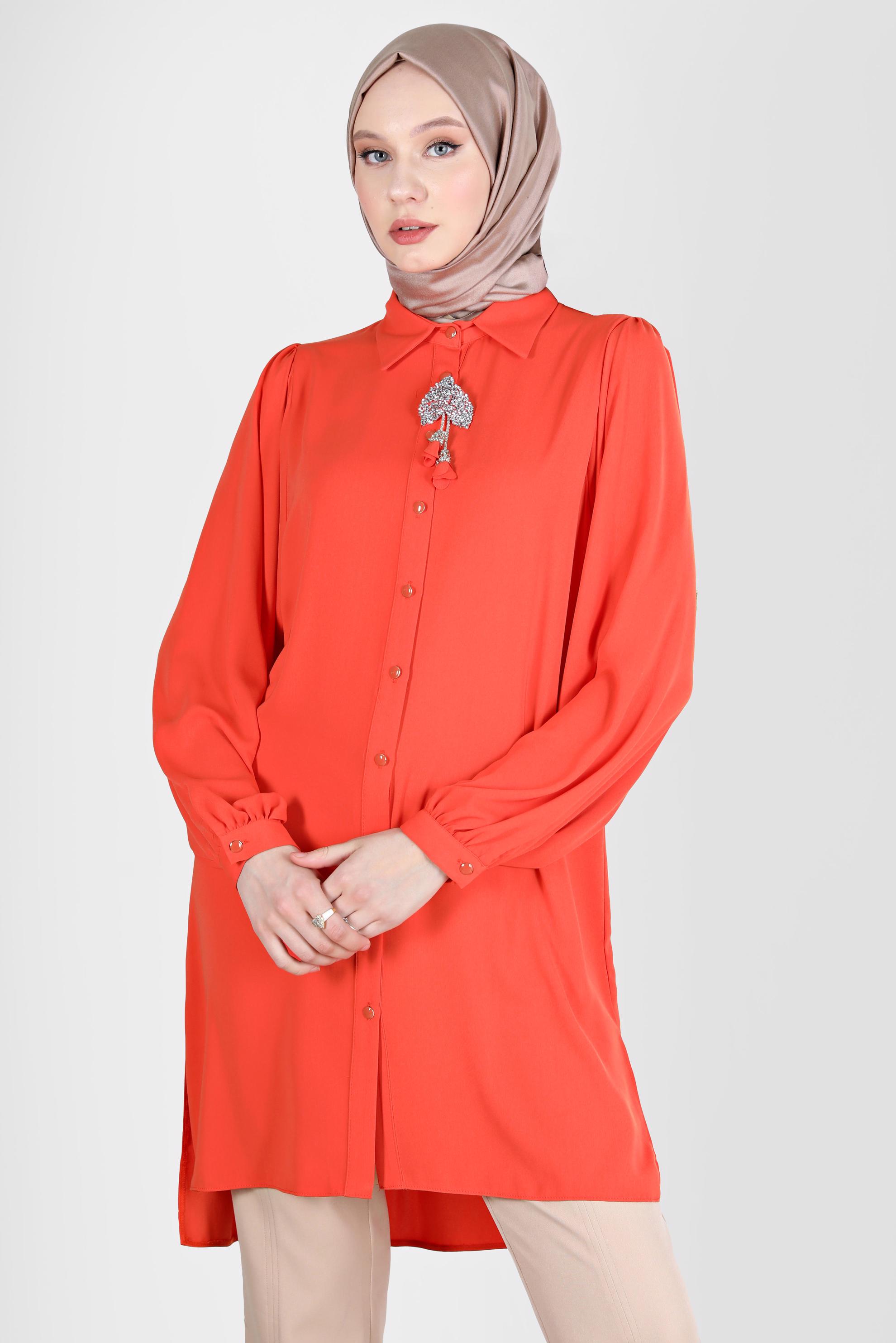 Tesettür giyim TURUNCU BOYDAN DÜĞMELİ ERKEK YAKA TUNİK 42563 