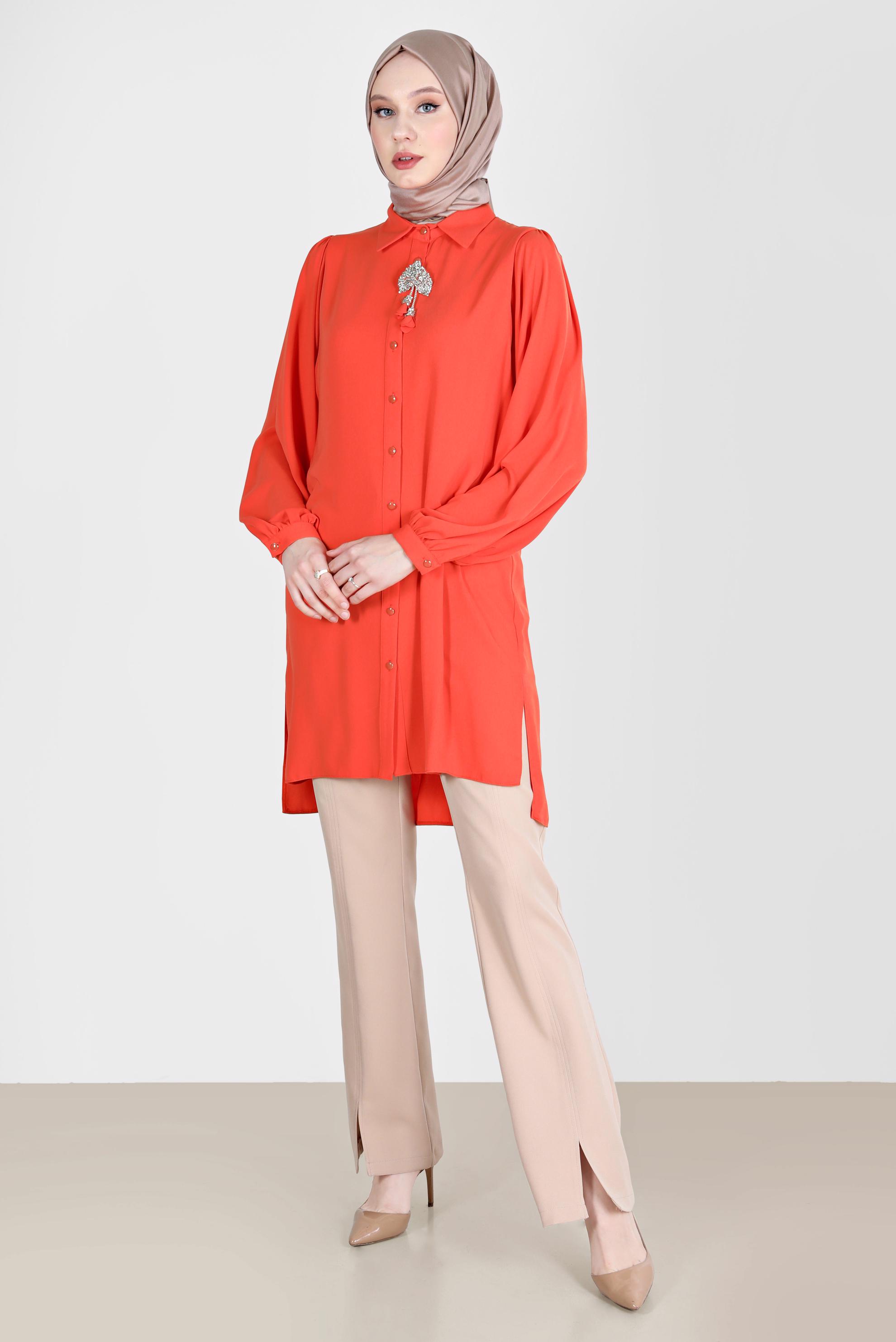 Tesettür giyim TURUNCU BOYDAN DÜĞMELİ ERKEK YAKA TUNİK 42563 