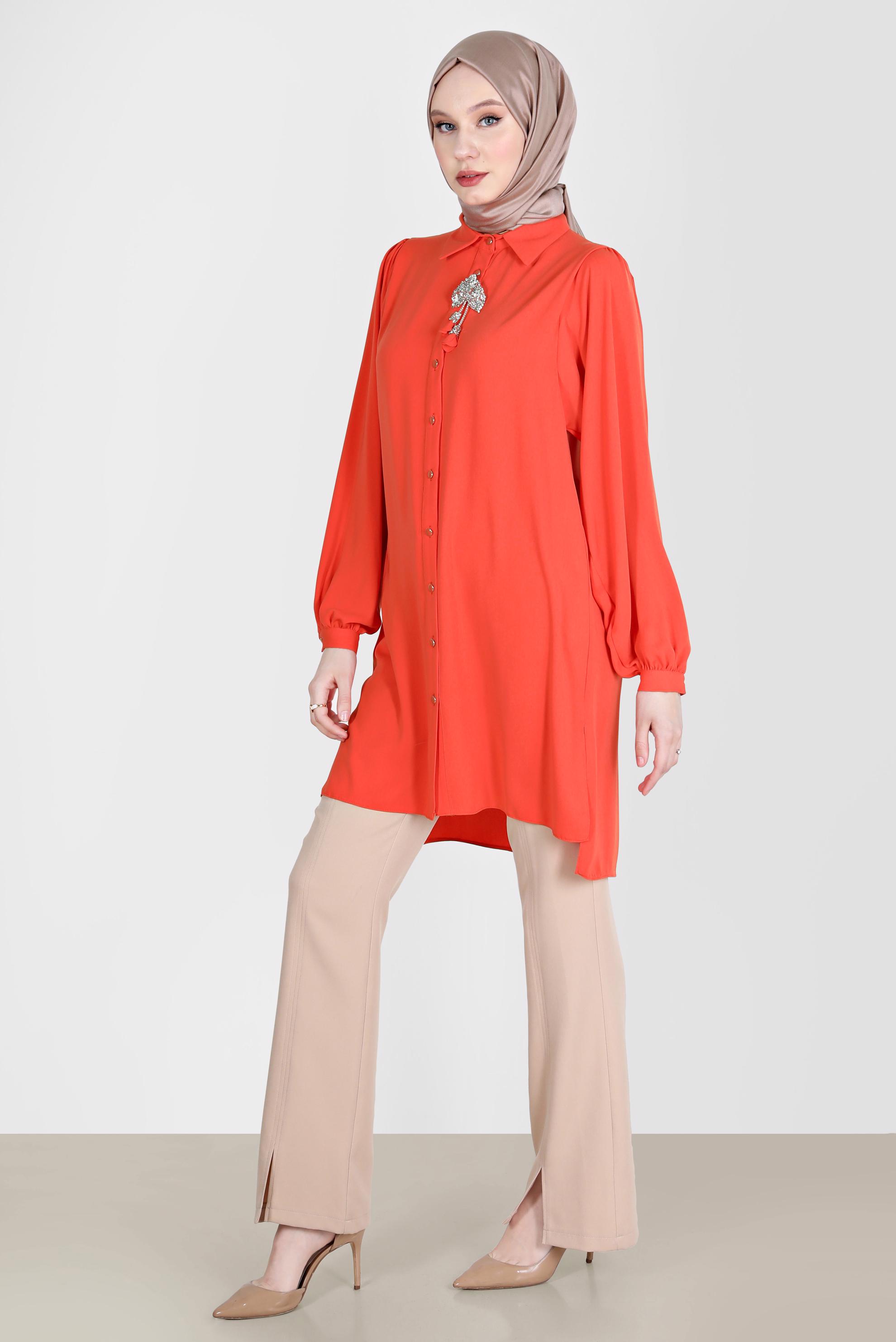 Tesettür giyim TURUNCU BOYDAN DÜĞMELİ ERKEK YAKA TUNİK 42563 