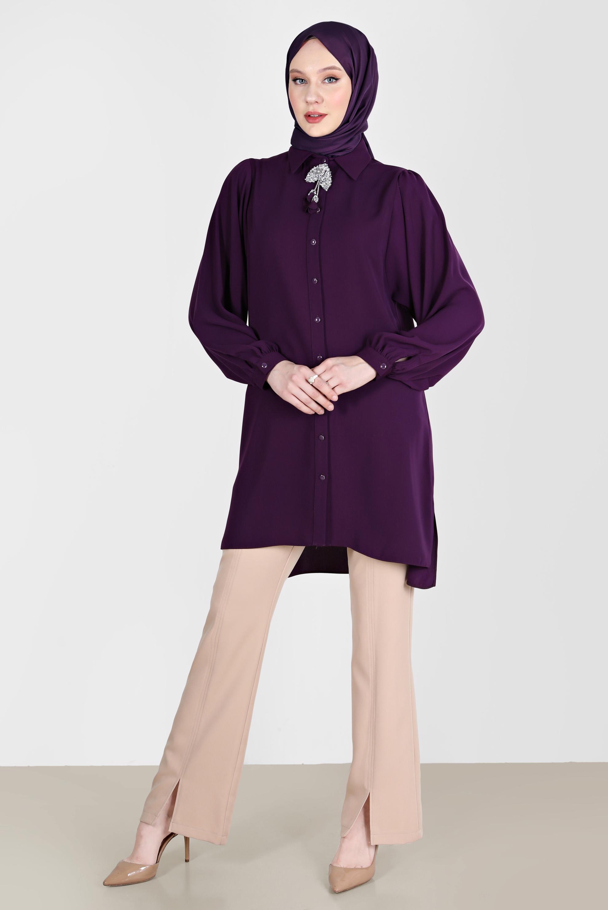 Tesettür giyim MOR BOYDAN DÜĞMELİ ERKEK YAKA TUNİK 42563 