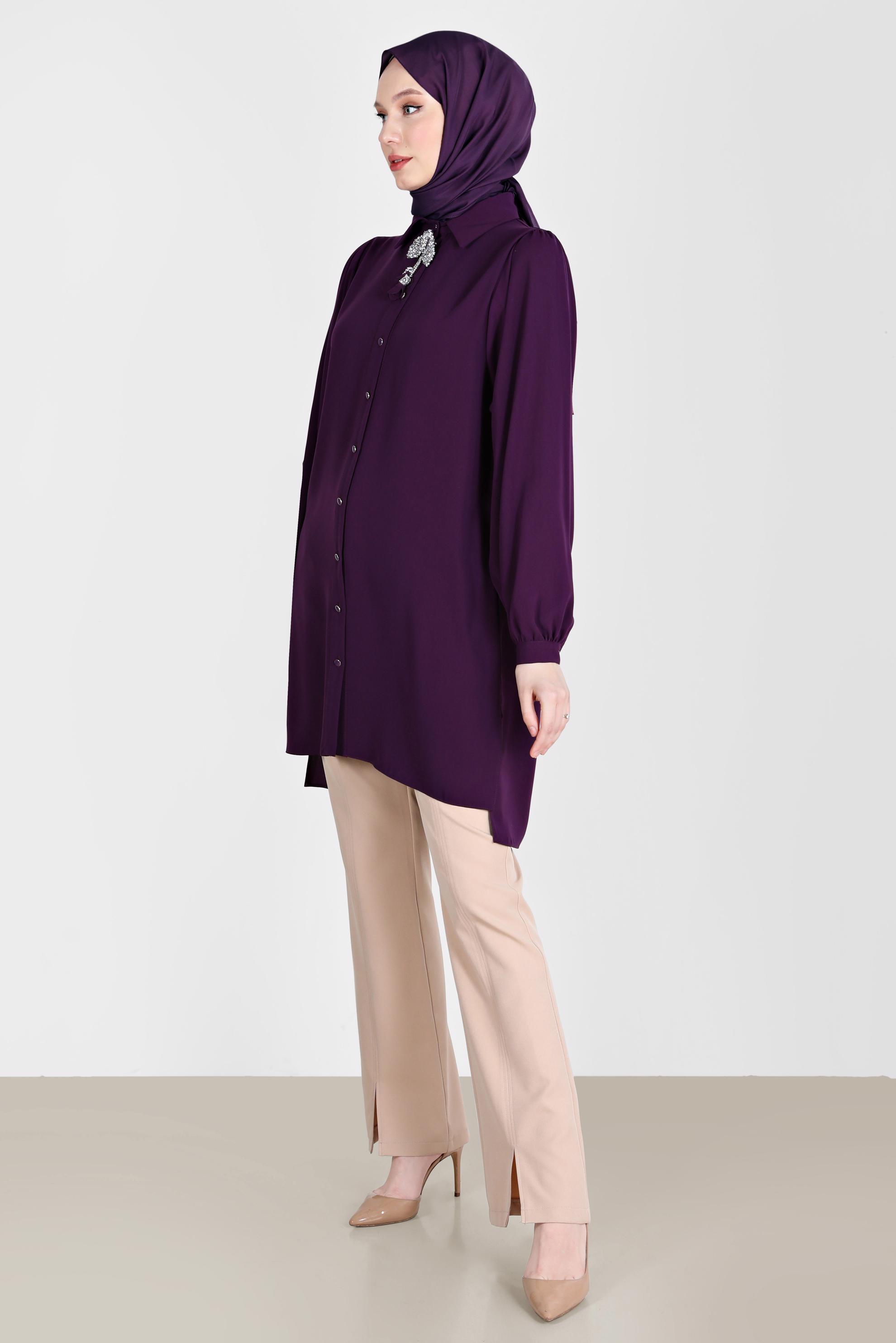 Tesettür giyim MOR BOYDAN DÜĞMELİ ERKEK YAKA TUNİK 42563 