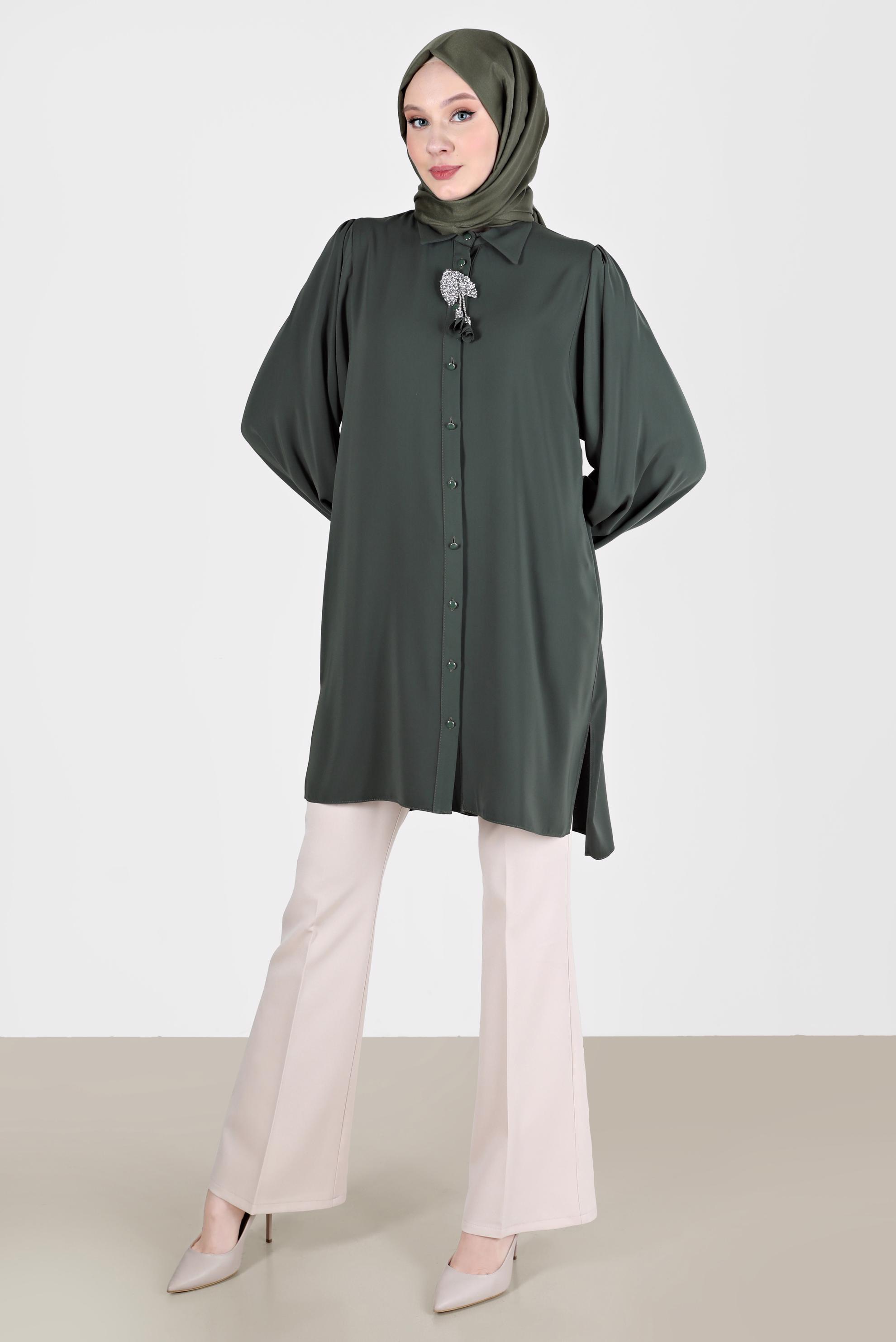 Tesettür giyim HAKİ BOYDAN DÜĞMELİ ERKEK YAKA TUNİK 42563 