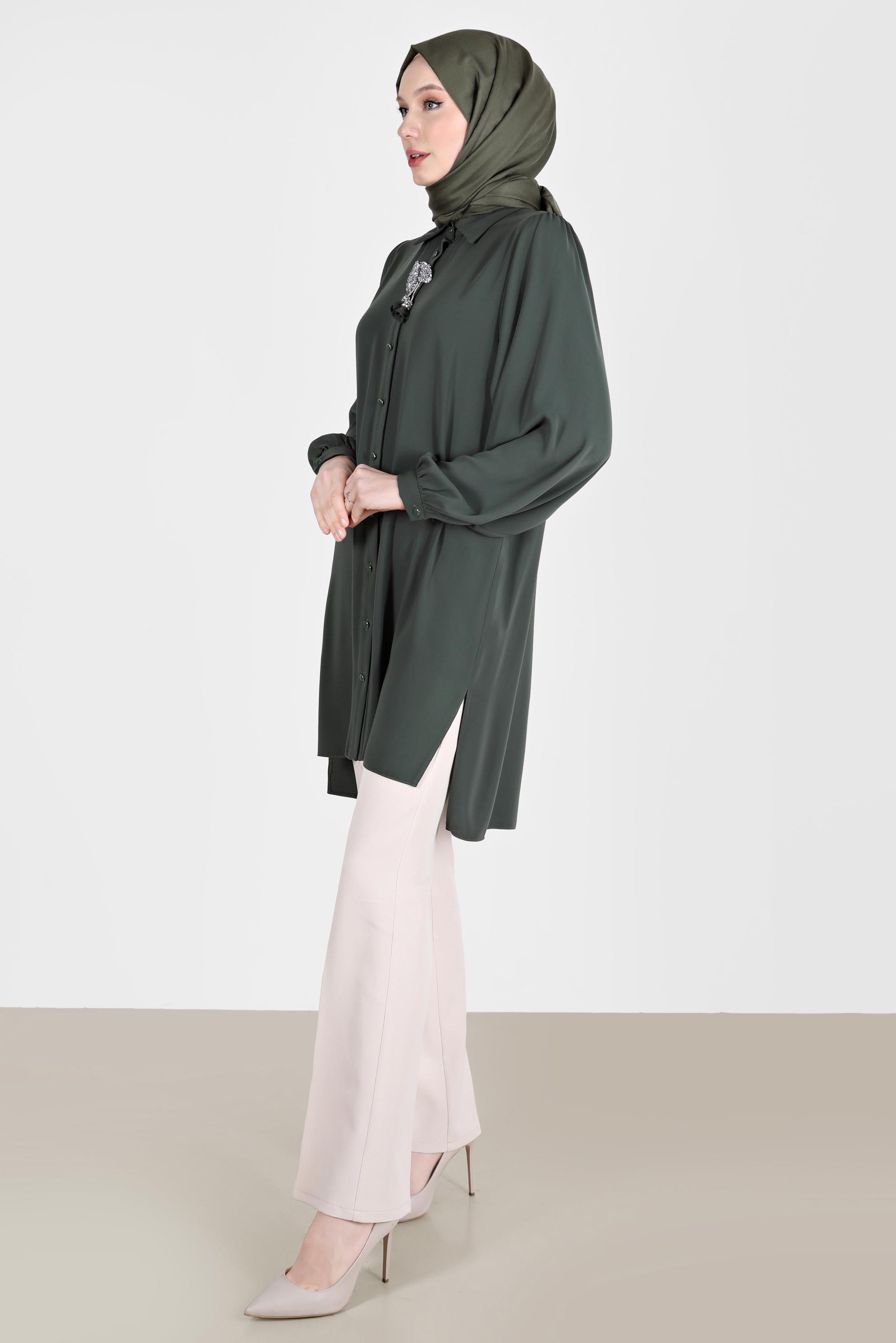 Tesettür giyim HAKİ BOYDAN DÜĞMELİ ERKEK YAKA TUNİK 42563 