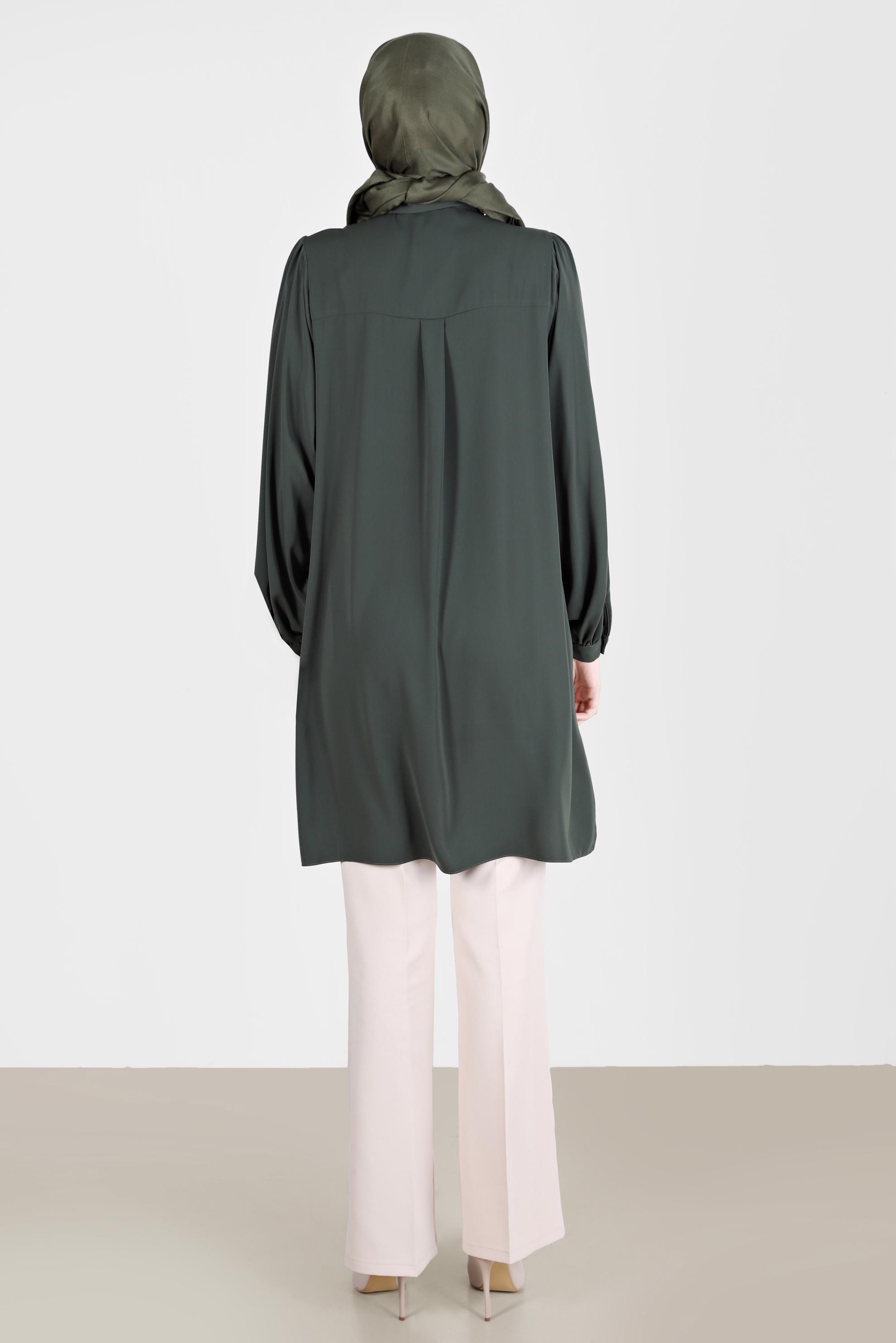 Tesettür giyim HAKİ BOYDAN DÜĞMELİ ERKEK YAKA TUNİK 42563 