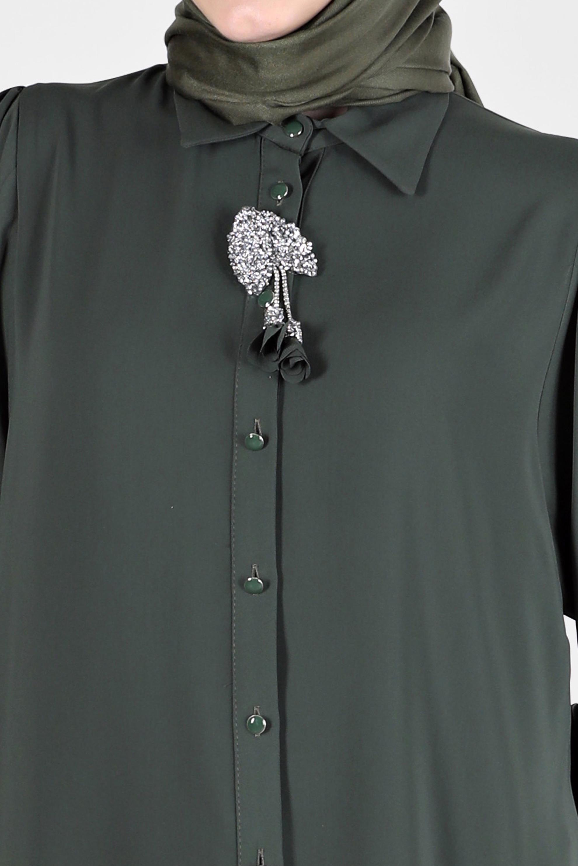 Tesettür giyim HAKİ BOYDAN DÜĞMELİ ERKEK YAKA TUNİK 42563 