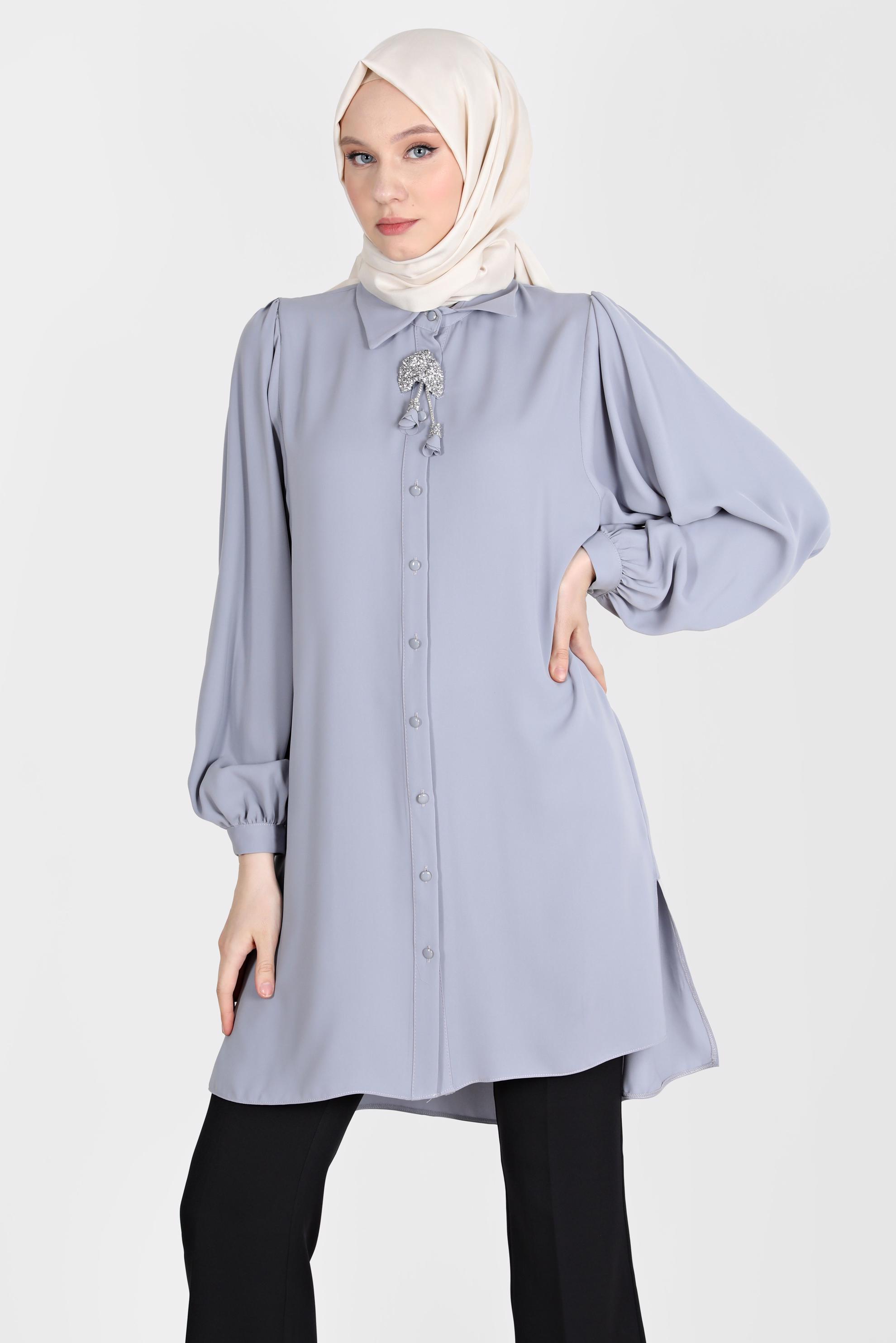 Tesettür giyim GRİ BOYDAN DÜĞMELİ ERKEK YAKA TUNİK 42563 