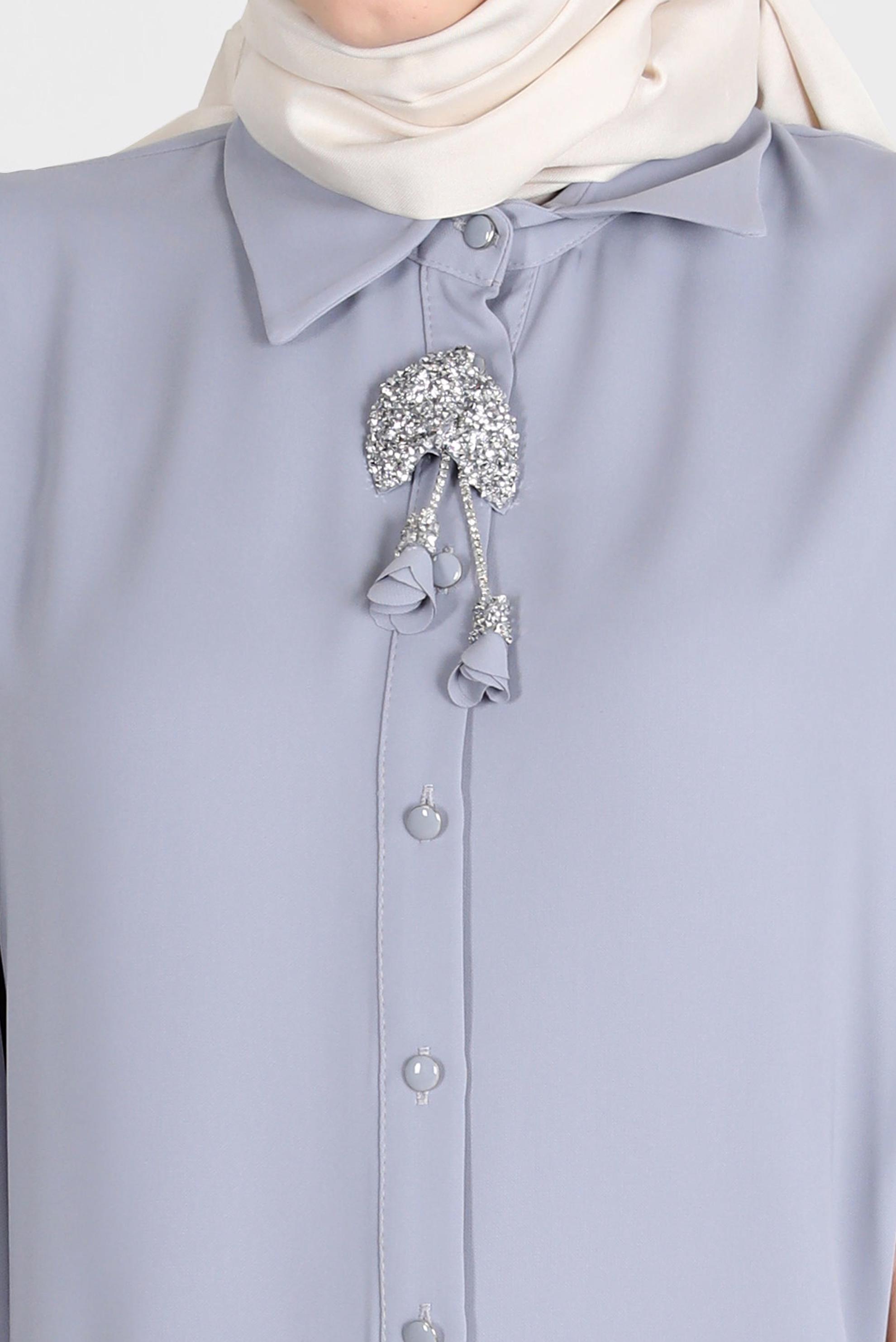 Tesettür giyim GRİ BOYDAN DÜĞMELİ ERKEK YAKA TUNİK 42563 