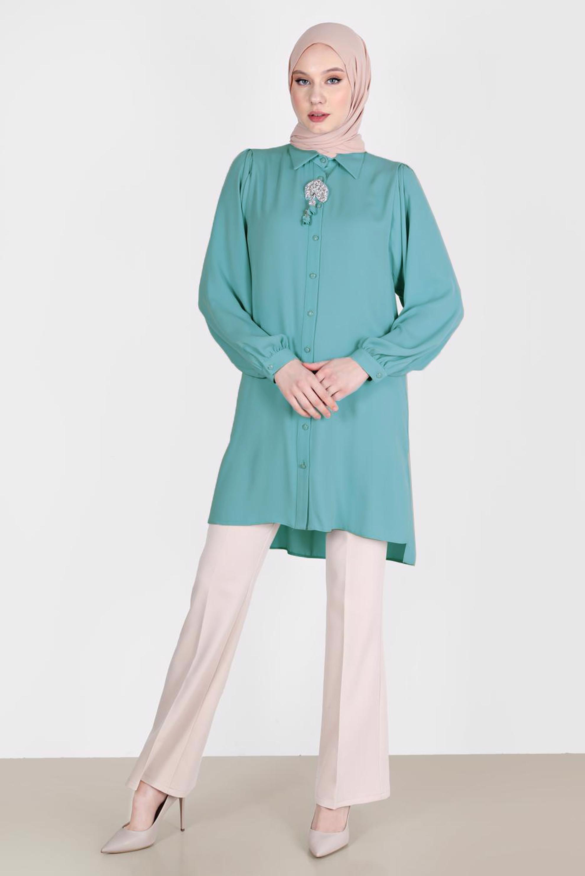 Tesettür giyim YEŞİL BOYDAN DÜĞMELİ ERKEK YAKA TUNİK 42563 