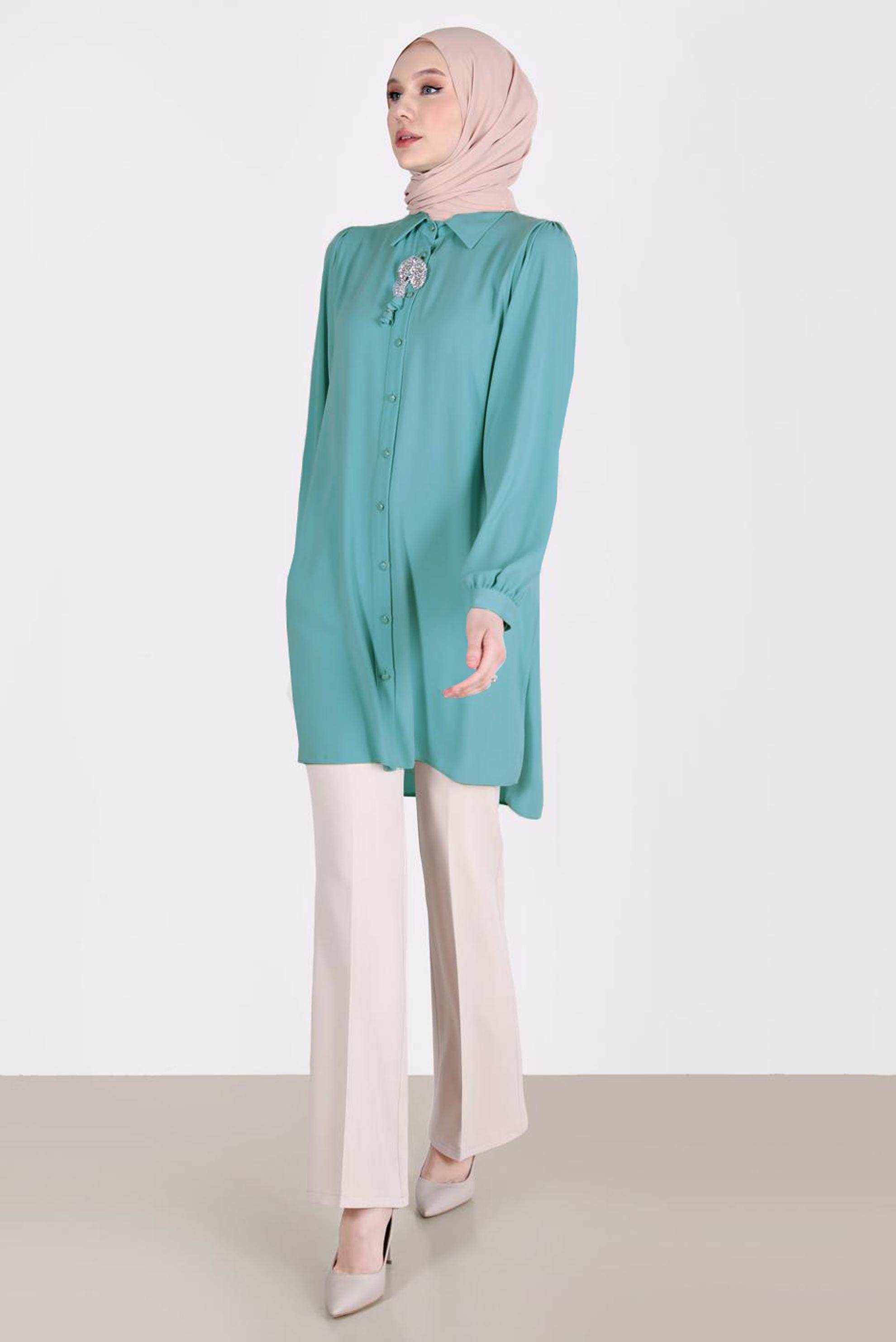 Tesettür giyim YEŞİL BOYDAN DÜĞMELİ ERKEK YAKA TUNİK 42563 