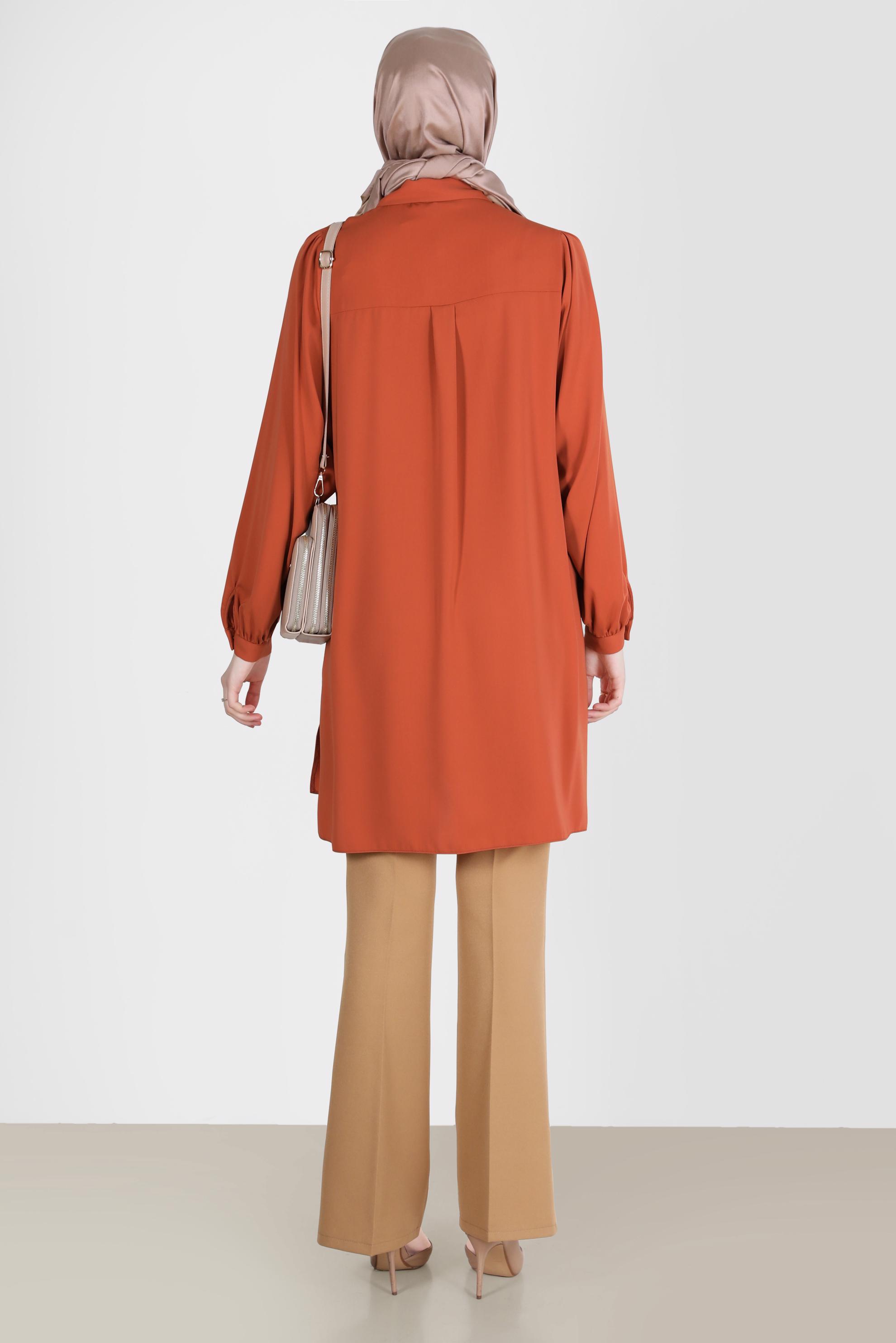 Tesettür giyim TABA BOYDAN DÜĞMELİ ERKEK YAKA TUNİK 42563 