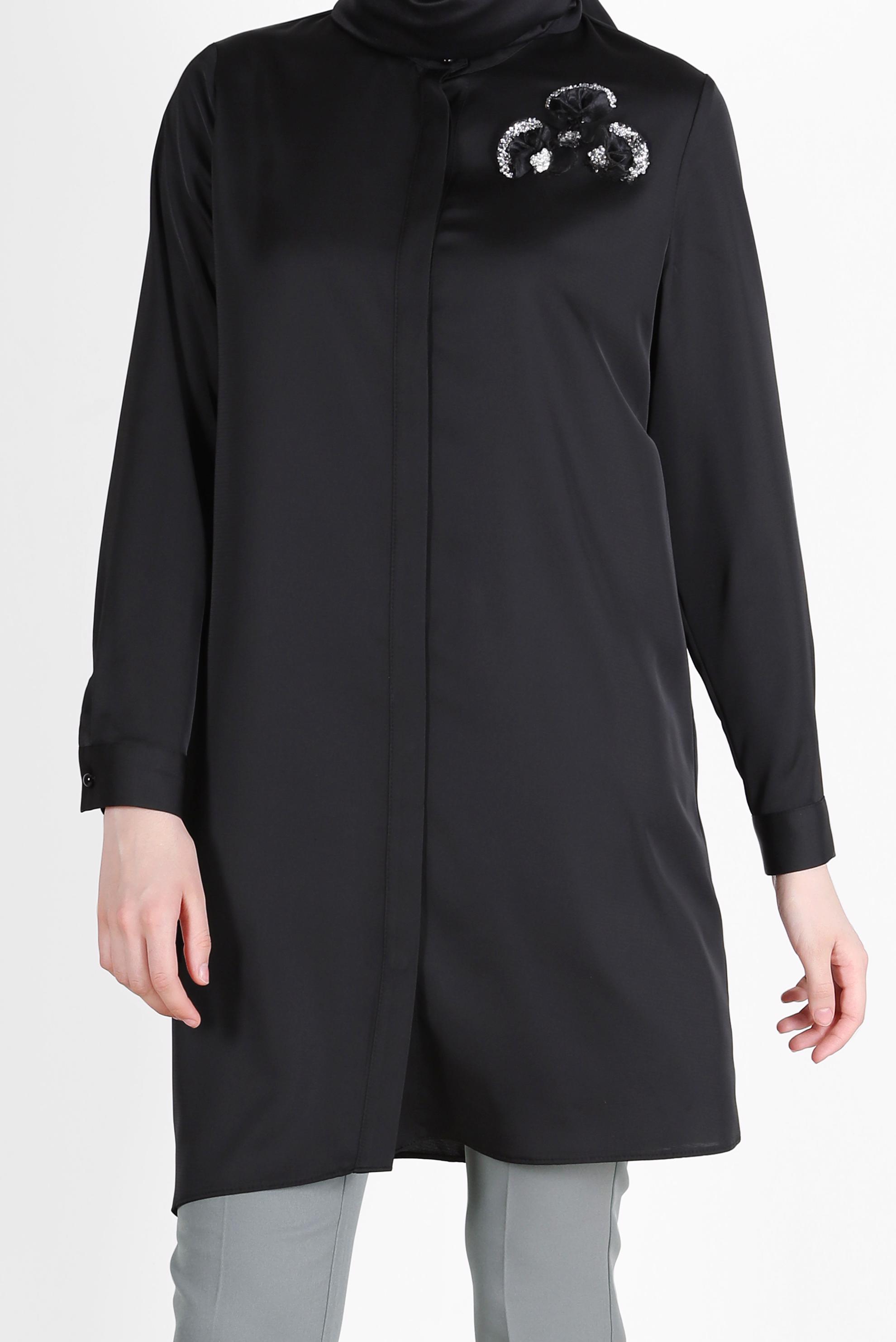 Tesettür giyim SİYAH İŞLEME DETAYLI ASİMETRİK KESİM TUNİK 42564 