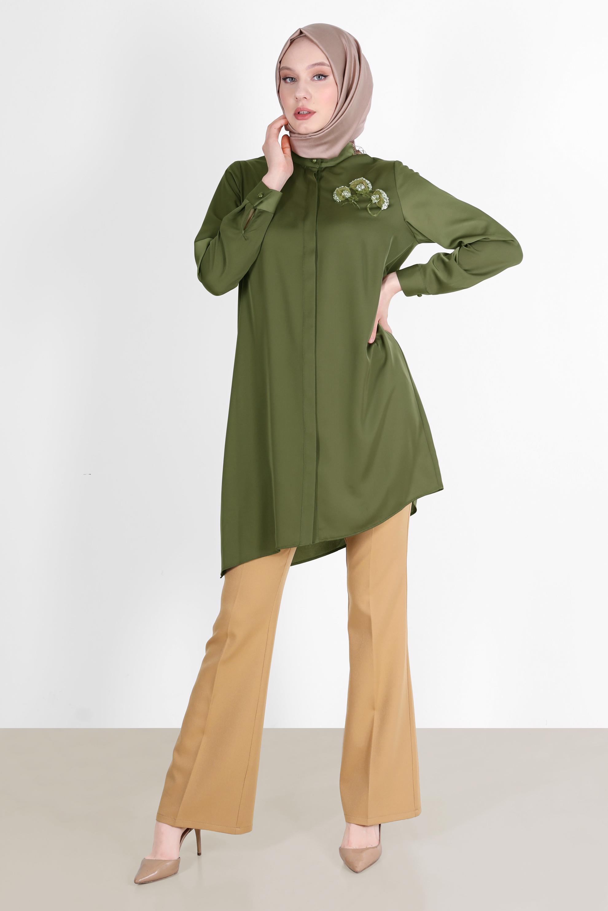 Tesettür giyim HAKİ İŞLEME DETAYLI ASİMETRİK KESİM TUNİK 42564 