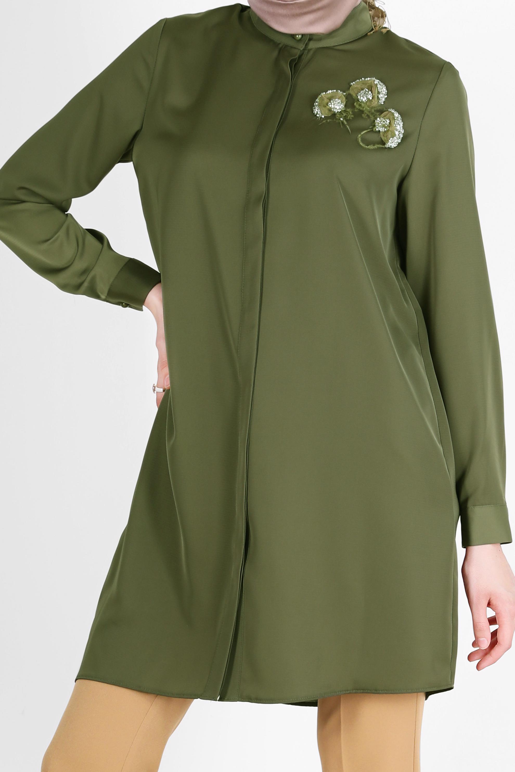 Tesettür giyim HAKİ İŞLEME DETAYLI ASİMETRİK KESİM TUNİK 42564 