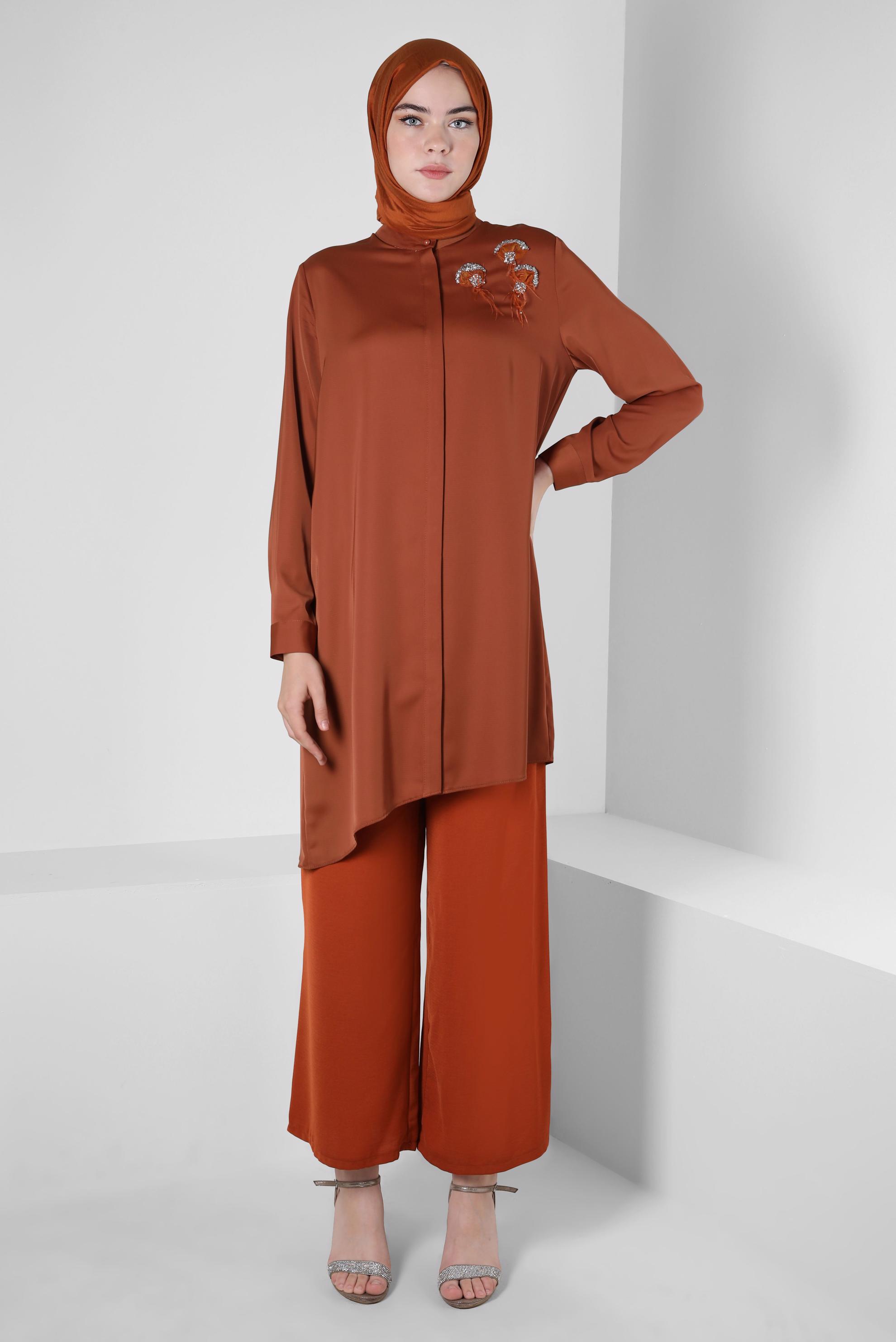 Tesettür giyim TURUNCU İŞLEME DETAYLI ASİMETRİK KESİM TUNİK 42564 