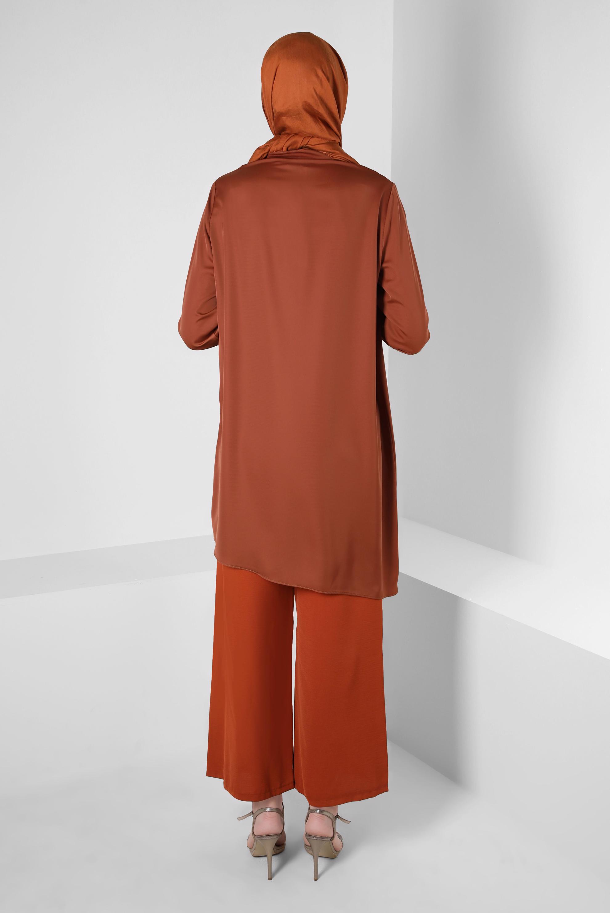 Tesettür giyim TURUNCU İŞLEME DETAYLI ASİMETRİK KESİM TUNİK 42564 