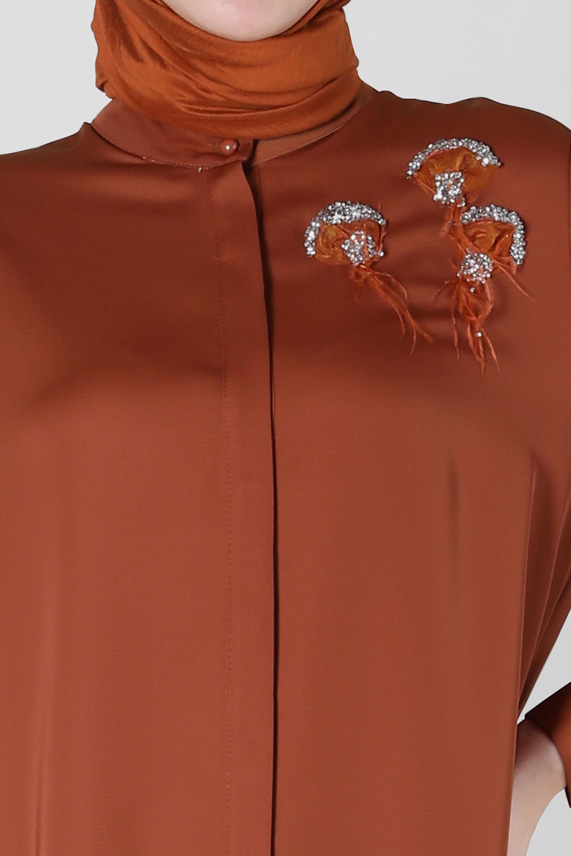 Tesettür giyim TURUNCU İŞLEME DETAYLI ASİMETRİK KESİM TUNİK 42564 