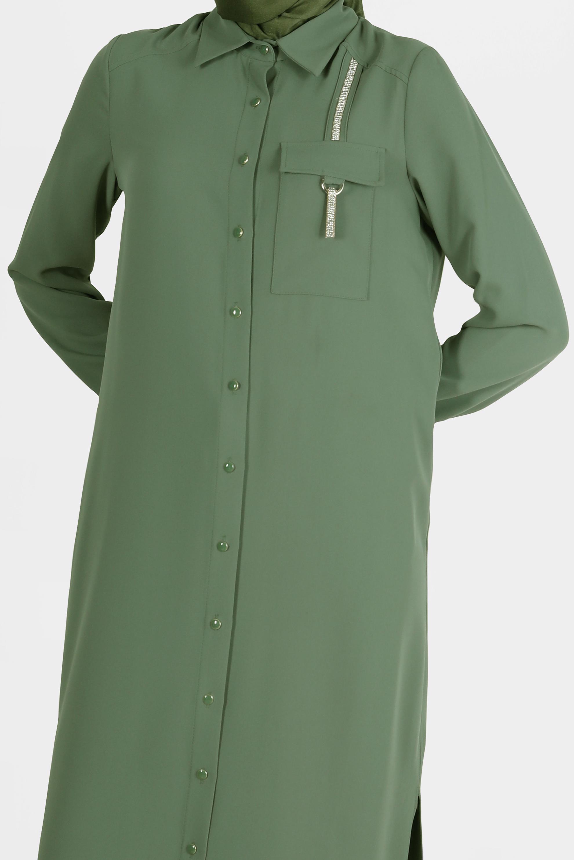 Tesettür giyim HAKİ PARLAK ŞERİT DETAYLI DÜĞMELİ TUNİK 42576 