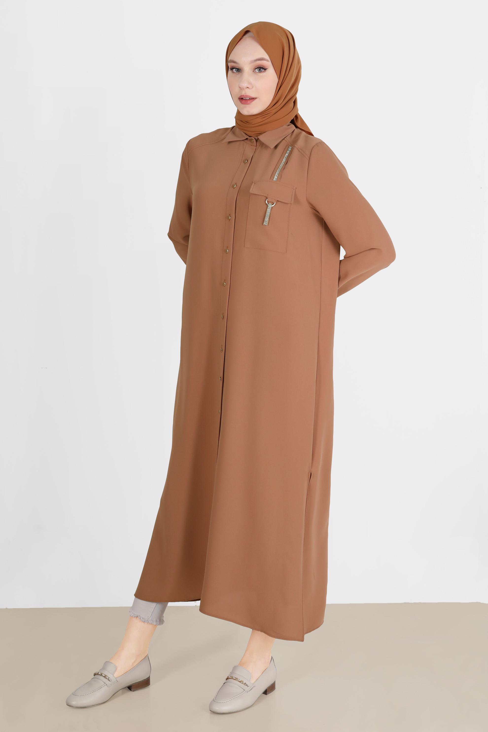 Tesettür giyim TURUNCU PARLAK ŞERİT DETAYLI DÜĞMELİ TUNİK 42576 